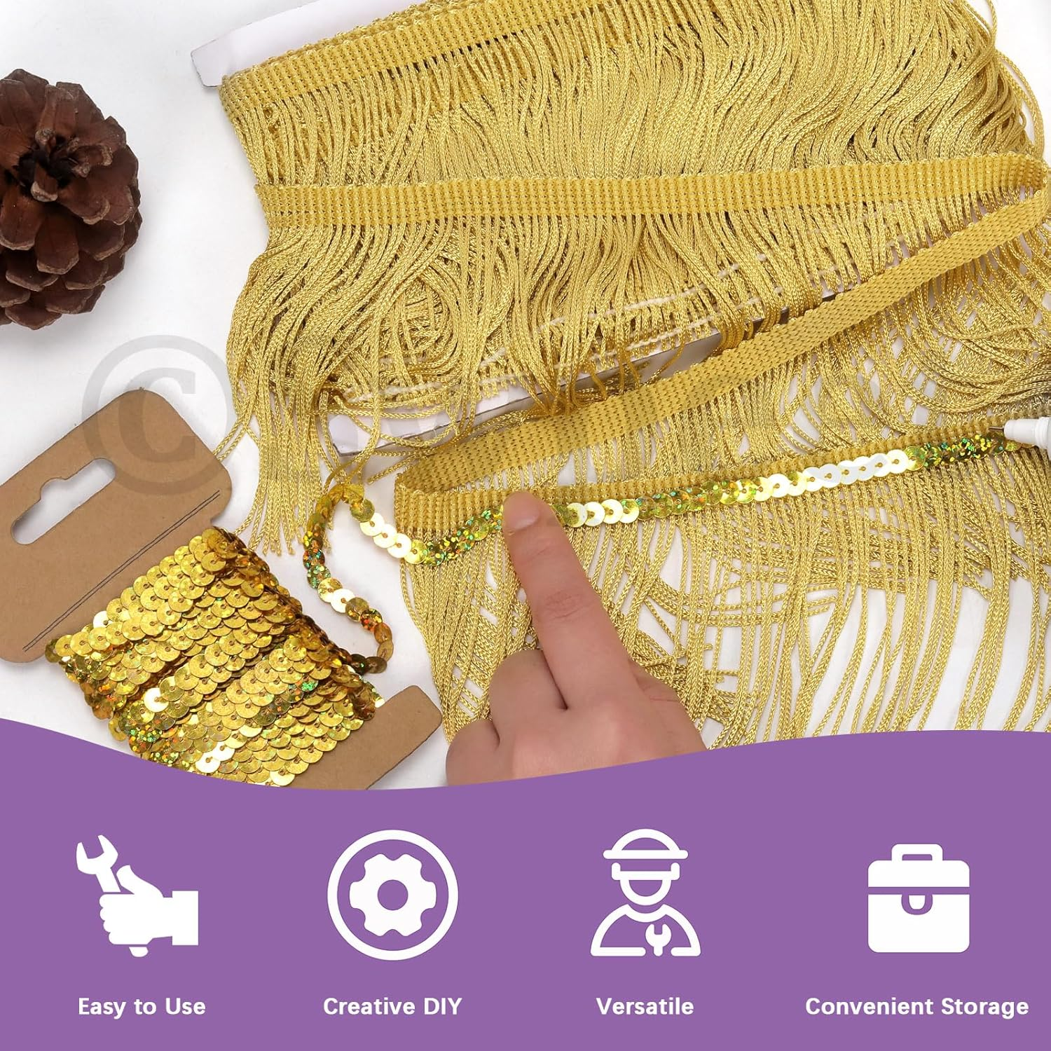 Swpeet 5 Yard &times; 4 Inch Golden Polyester Fringe with Sequin Trim, Fabric Fringe, Chainette Trim, Tassel, Sewing Fringe Trim for Latin Dress, Wedding, Party Decorations - Black image number 5