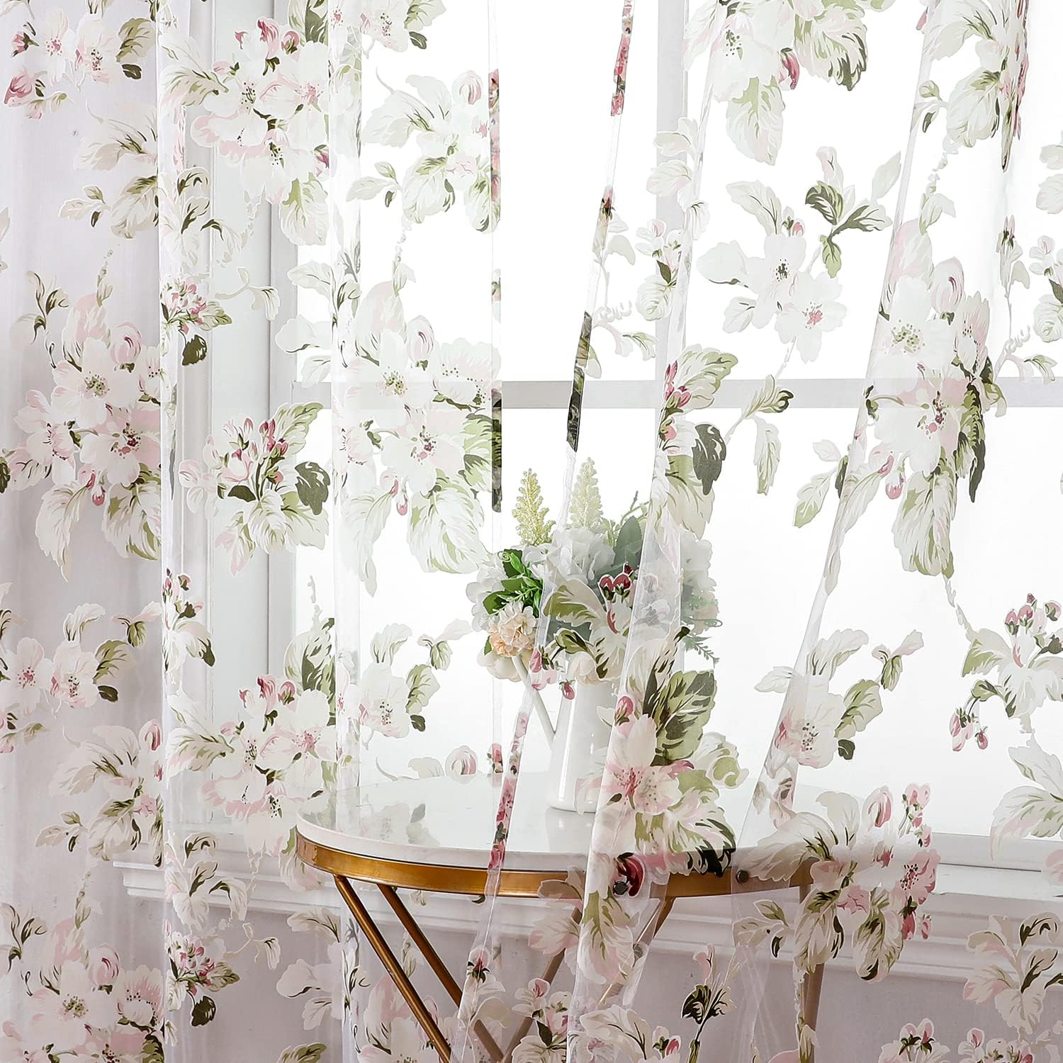 BROSHAN Floral Print Sheer Room Curtains, Pretty Pink Flower Curtain Sheers Sage Green Leaves Pattern Bedroom Curtain Set of 2 Botanical Voile Tulle Window Curtain Panels Rod Pocket image number 5