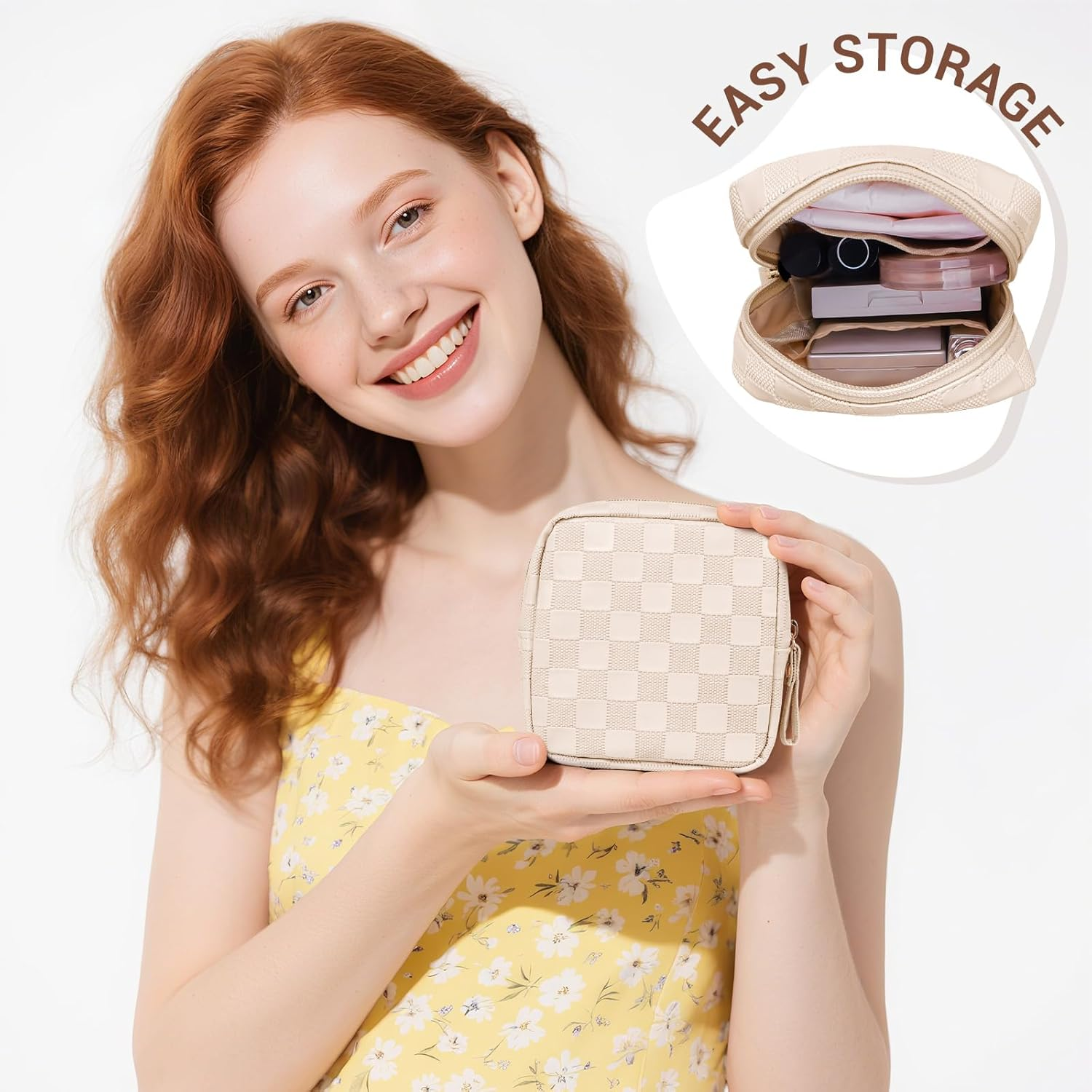 MAGEFY Small Makeup Bag for Purse, Checkered Makeup Bag Small Pouches for Purse Leather Mini Make up Bag Cute Cosmetic Bag for Women with Slip-In Pockets (Beige)