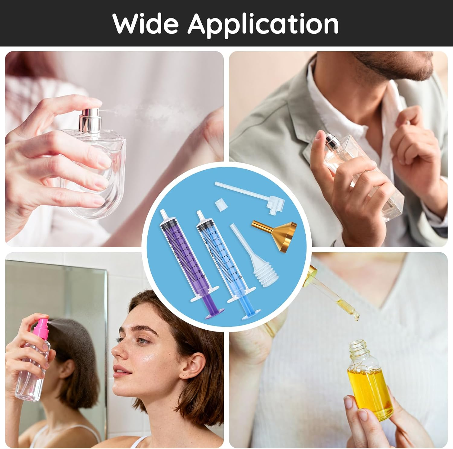 Segbeauty Perfume Cosmetic Transfer Tools, Include 2PCS 10Ml Fragrance Decanter Syringe, Funnel in Metal, Pipettes, Refill Pumps for Spray Bottle (Blue + Purple) image number 4