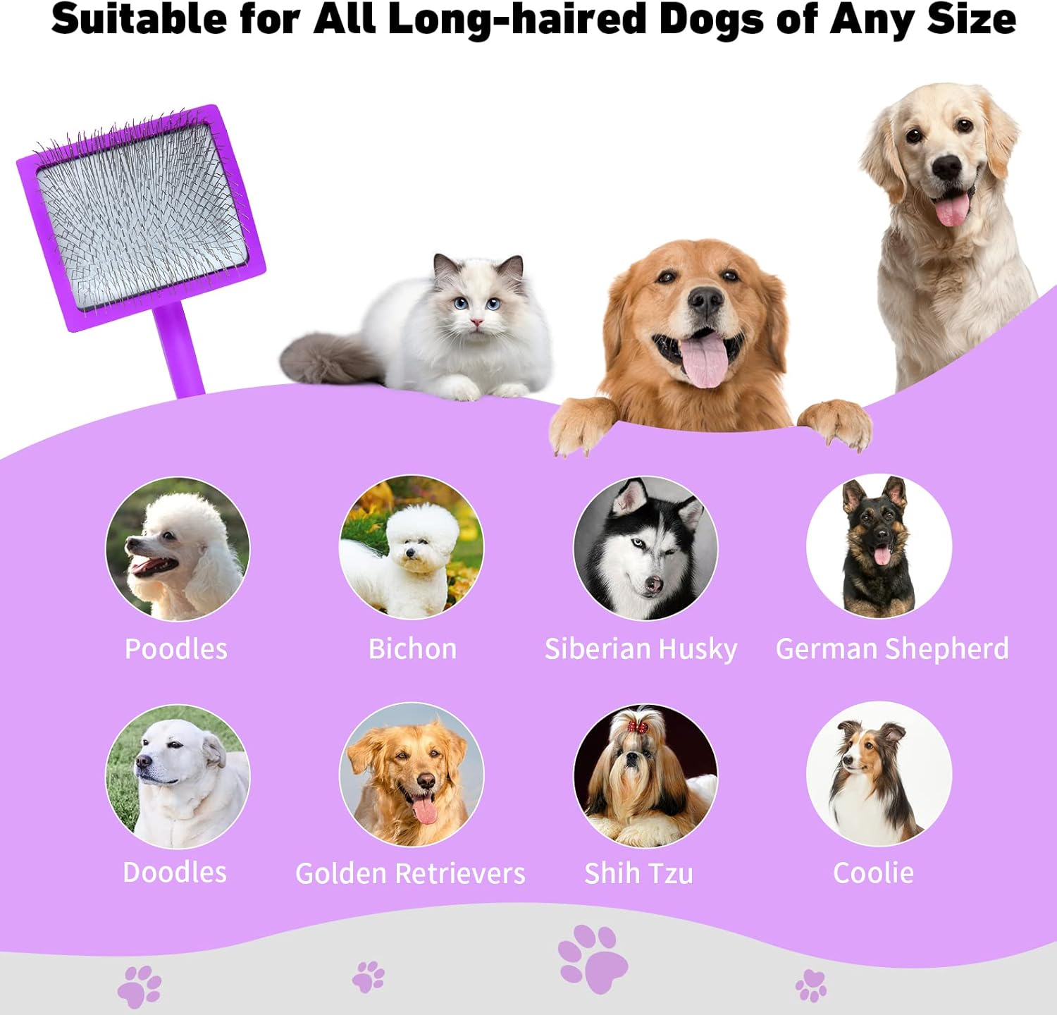 YOPETAYU Dog Slicker Brush for Shedding and Grooming Medium or Long Haired Cats, Extra Long & Soft Pin Slicker Brush for Removes Loose Hair, Tangles, Knots, Undercoat, Free Pet Comb, Large Purple image number 6