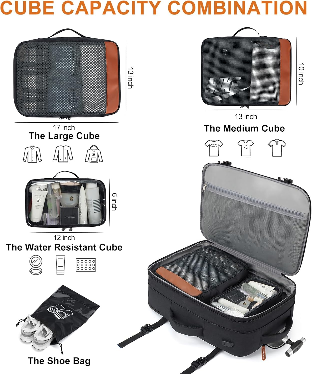 Lumesner Extra Large 40L Travel Backpack, Blue, Unisex, Waterproof, USB Charging Port, Carry-On Approved image number 2