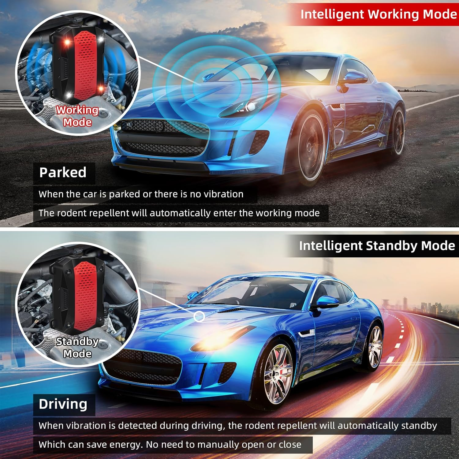 2 Pack Ultrasonic Rodent Repellent under Hood Animal Repeller Battery Powered with Red & White Strobe Lights Rat Deterrent Out of Car Engines Rodent Defense Vehicle Protection image number 5