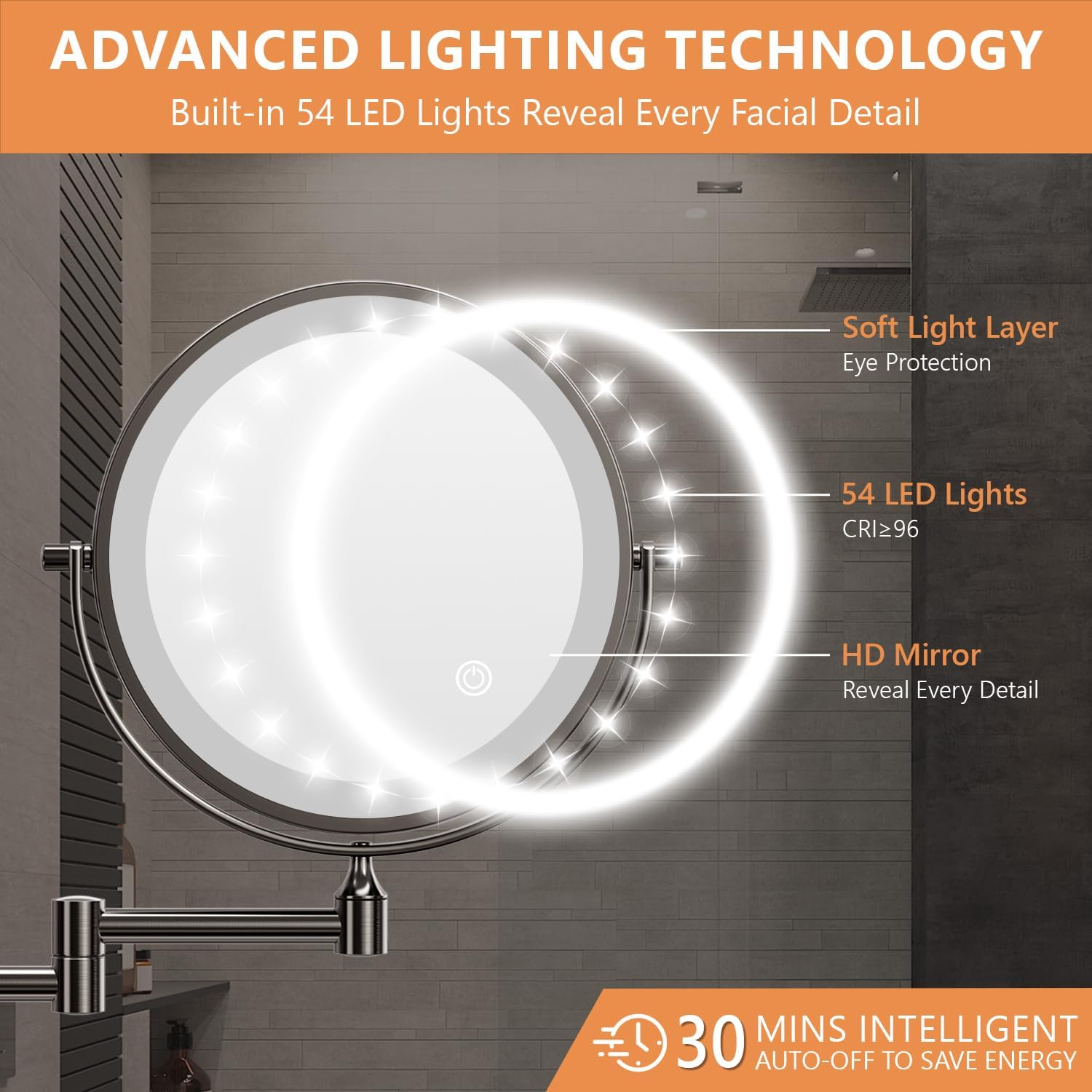 Auxmir Wall-Mounted Bathroom Makeup Mirror Double-Sided 1X/10X Magnification LED Illuminated 3 Light Colors USB Rechargeable Touch Sensor 360&deg; Rotation and Extendable for Bathroom, Black, X-8CB image number 4