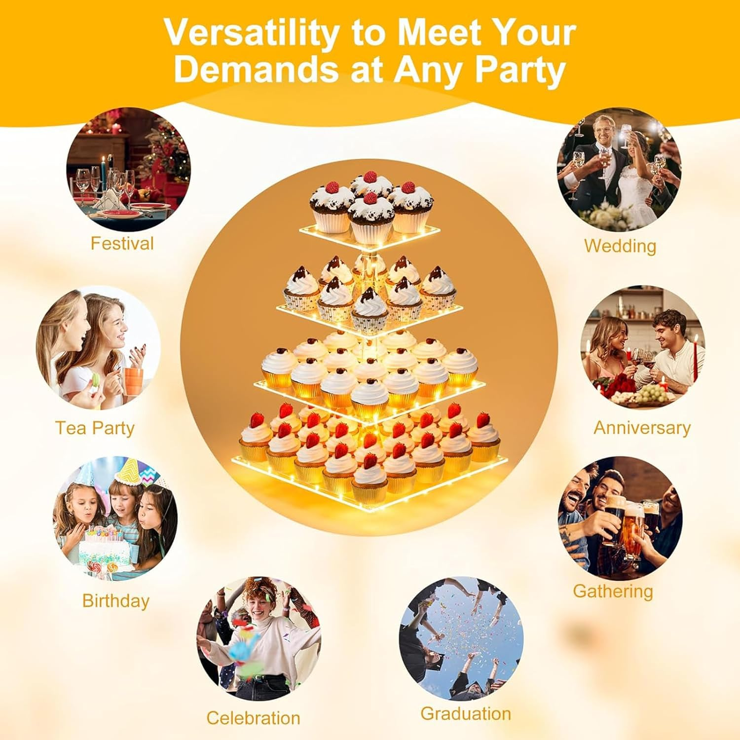 4 Tier Cupcake Stand Acrylic Tower Display with LED Light String, Cupcake Tray Holder Dessert Cake Tree Tower Pastry Stand for Birthday Cady Bar D&eacute;cor Weddings Parties Events image number 5