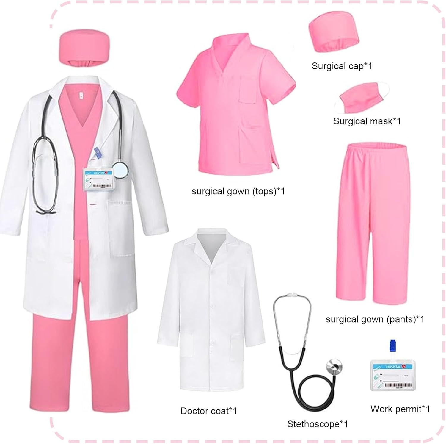 Doctor Costume for Kids Lab Coat Doctor Nurse Fancy Dress Costume Set Scrubs with Accessories Halloween Costume for Girls image number 3