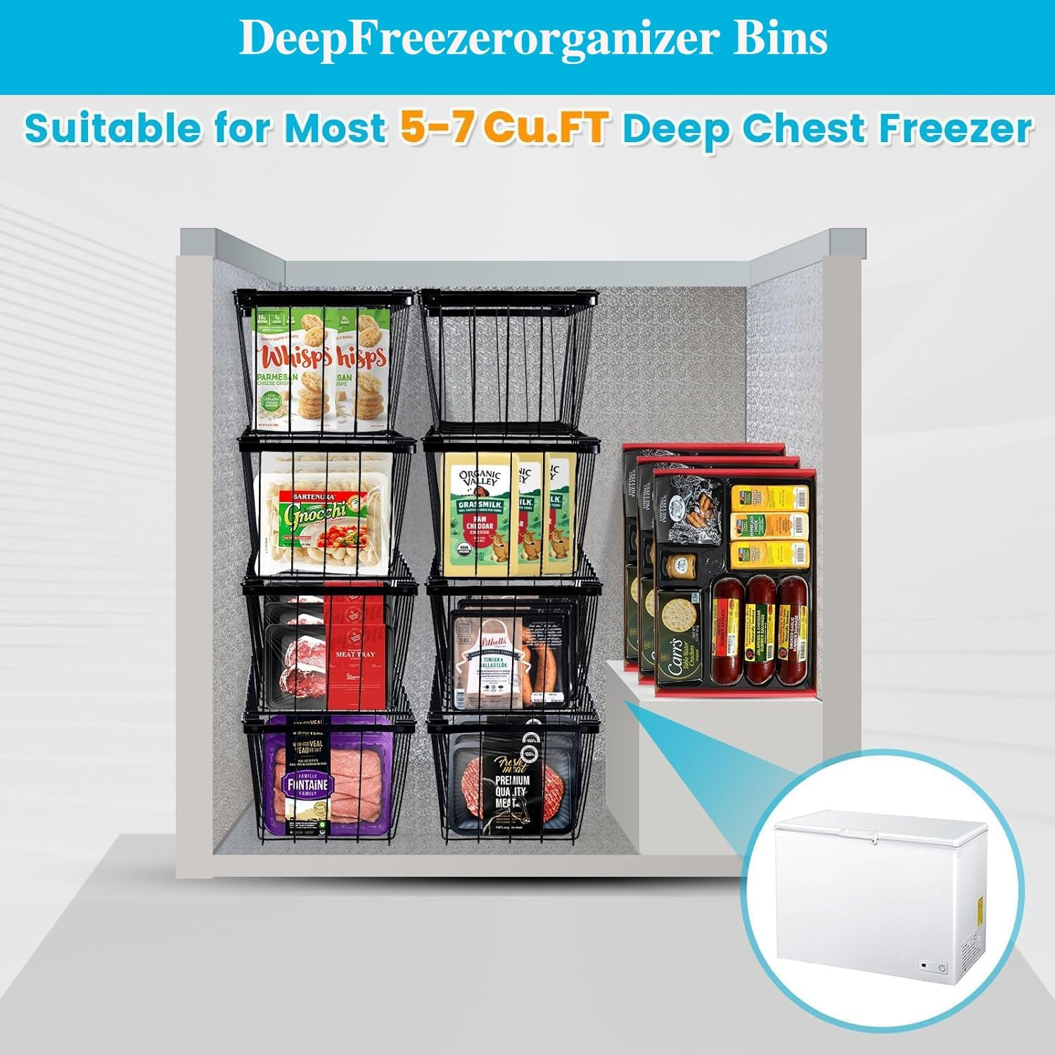 Chest Freezer Organizer,4 Pack Freezer Baskets for Chest Freezer,Stackable Metal Deep Freezer Basket,For Upright Freezers Sort Frozen Meats & Food with Better Space Utilization image number 2