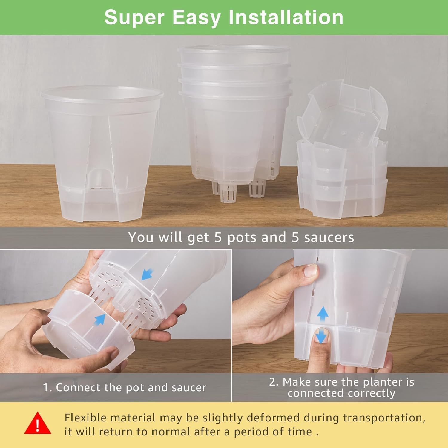 6 Inch Transparent Plastic Nursery Plant Pots Plastic Garden Pots 5 Pack with Deep Reservior image number 4