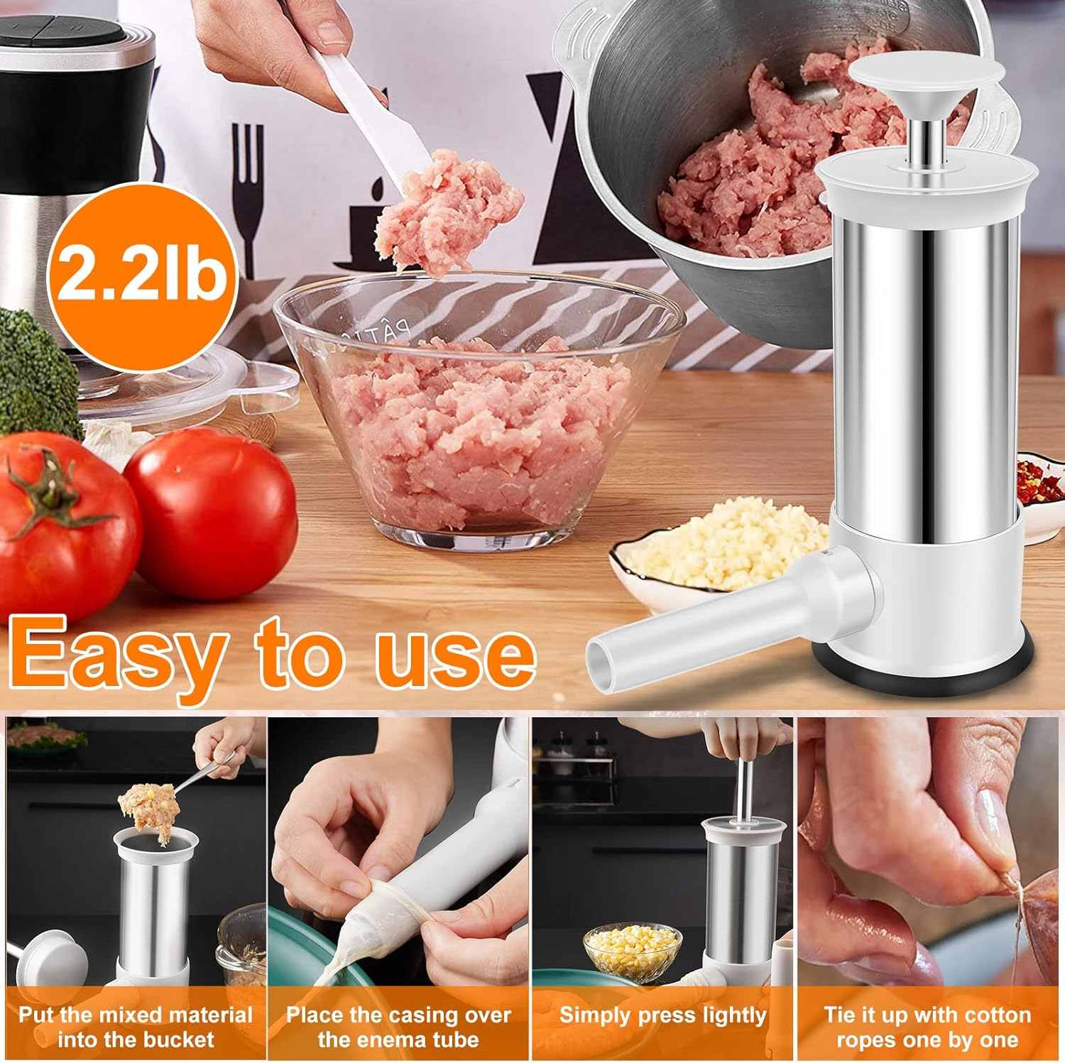 Manual Sausage Stuffer 2.2 LBS Stainless Steel Vertical Sausage Maker Machine with 4 Filling Tubes Meat Stuffing Filler Machine Household Commercial Use image number 1