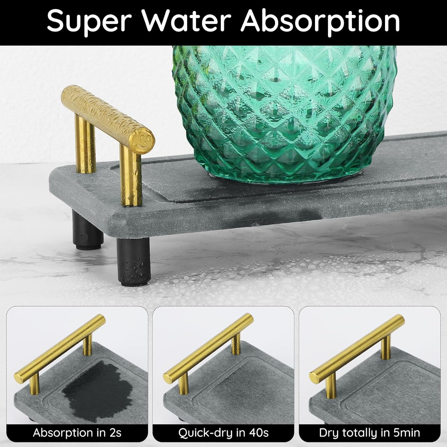 Segbeauty Stone Quick Dry Tray, Countertop Diatomaceous Tray, Instant Dry Sink Organizer, Home Sink Caddy, for Toiletries & Plants, Countertop (With Golden Handle) image number 2