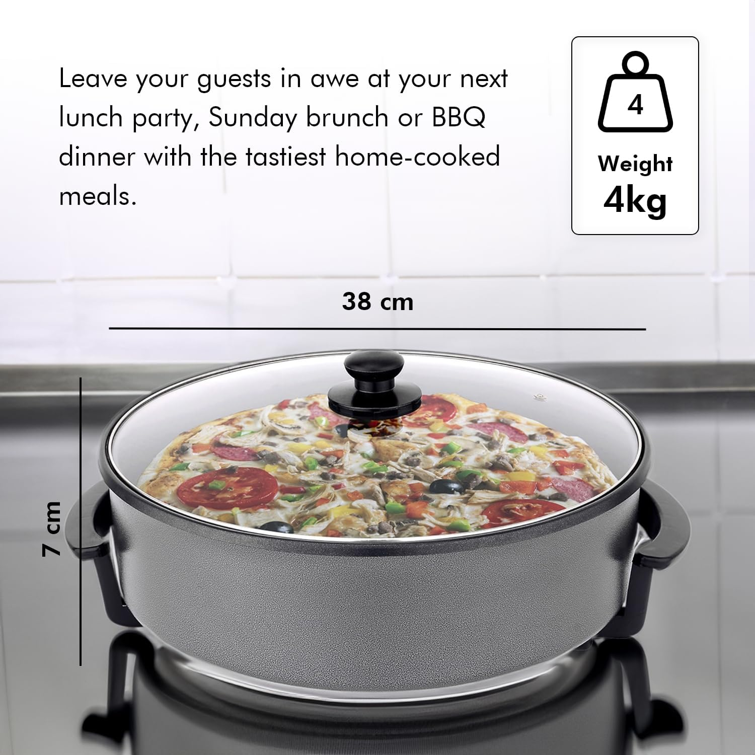 Healthy Choice 38CM Electric Kitchen Skillet with Nonstick Coated Grill Pan & Glass Lid Cover, Indoor Countertop Cooking Pan with Temperature Control & Handle Compact Easy Clean image number 1