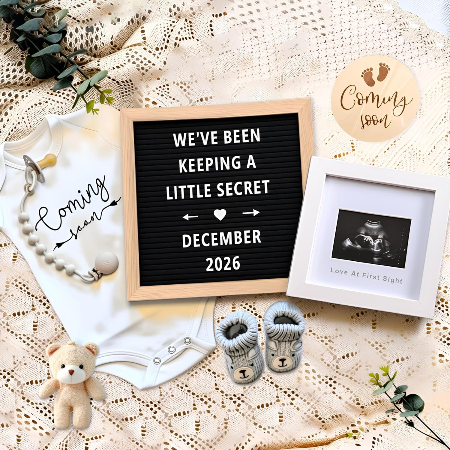 Pregnancy Announcement, Baby Announcement Ideas Set Include Felt Letter Board, Baby Onesie, Booties, Photo Frame, Wooden Sign and Bear Plush, Pregnancy Announcement Photo Props Coming Soon Baby image number 6