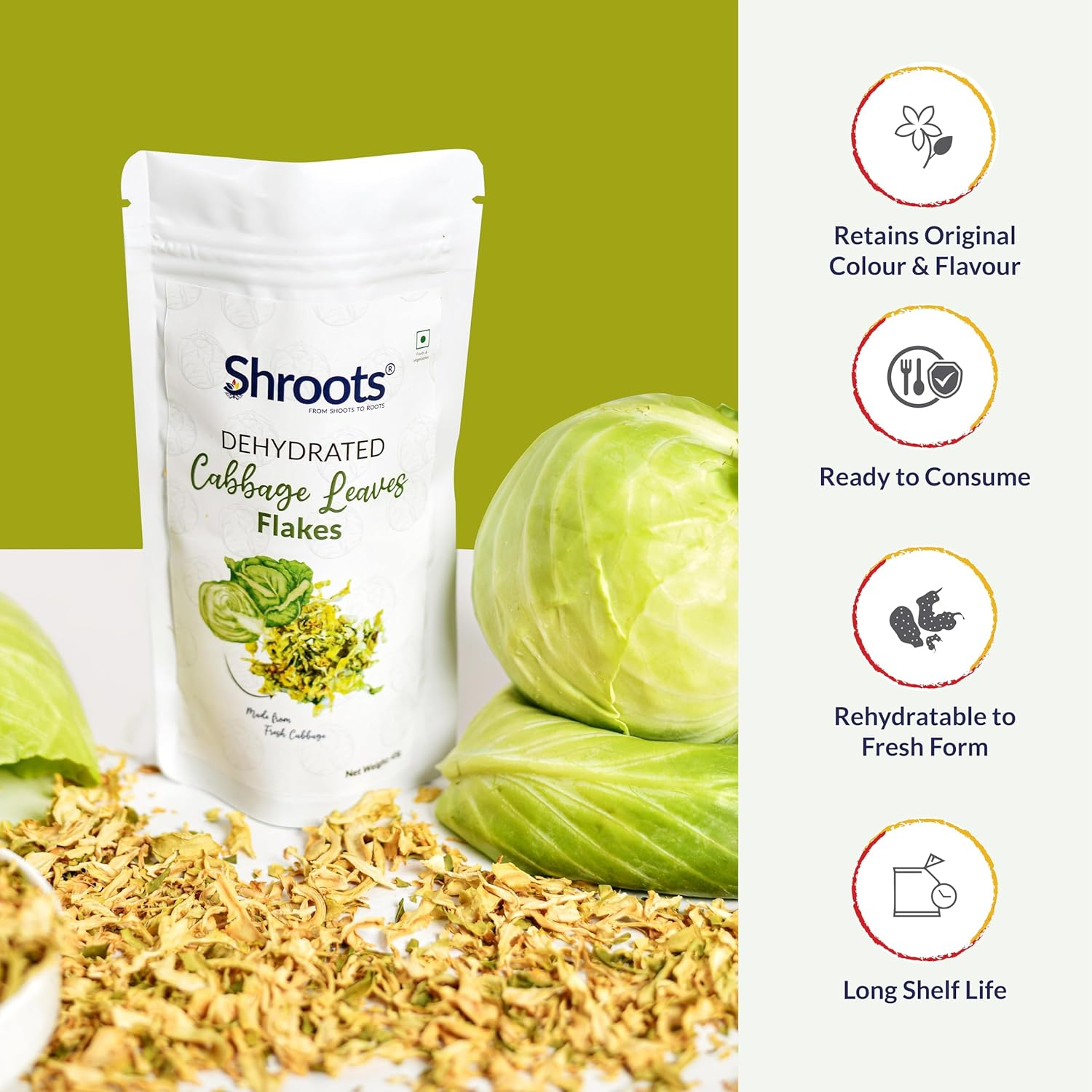 SHROOTS Dehydrated Cabbage Leaves Flakes Pure Vegetarian Gluten-Free No Added Salt Easy Cooking Essential Machine Dried Vegetable with Natural Aroma Ideal for Salad & Everyday Meals 1.59 Oz, Pack of 1 image number 4