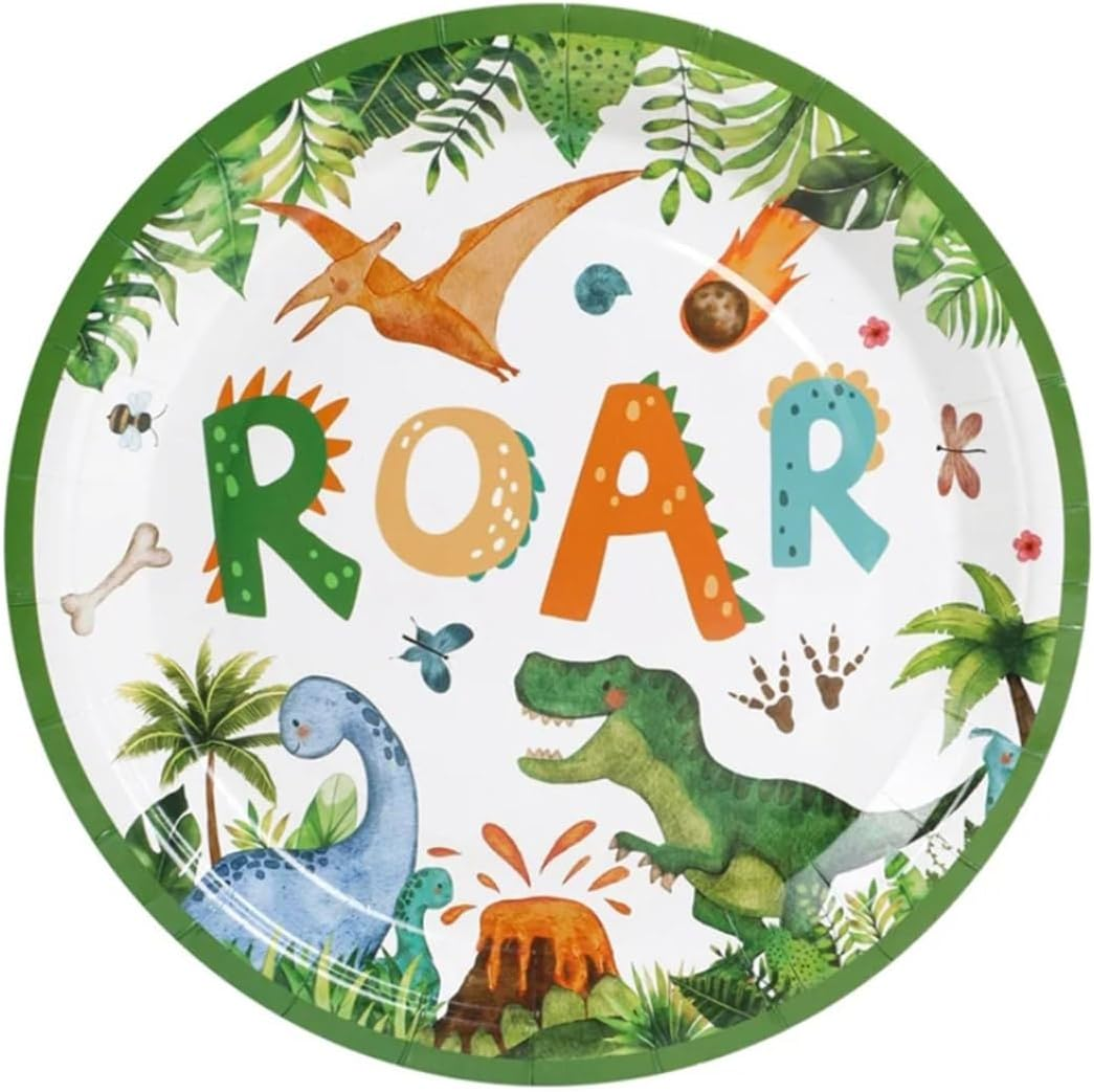 Dinosaur Disposable Tableware Set Roar Dino Tablecloth Plates Cups and Napkins for Birthday Party Decorations image number 5