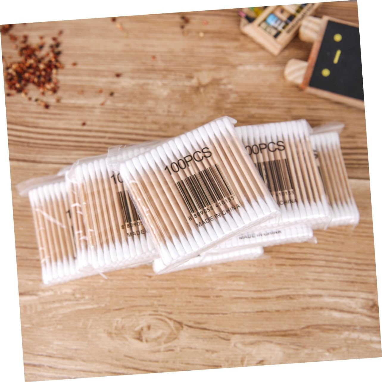 NOLITOY 500Pcs Wooden Stick Cotton Buds Double-Ended Makeup Removal Swabs for Ages 5 Packs (100Pcs Each)