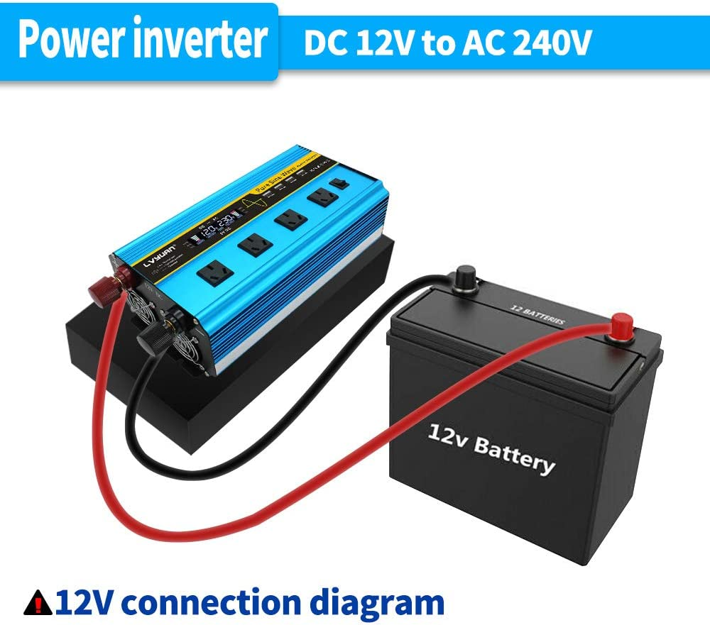 Yinleader 3000W/6000W(Peak) Inverter 12V to 240V Pure Sine Wave DC to AC Power Inverter W/LCD Display Remote Controller 4 AC Outlets Charge in Car/Boat/Truck image number 1