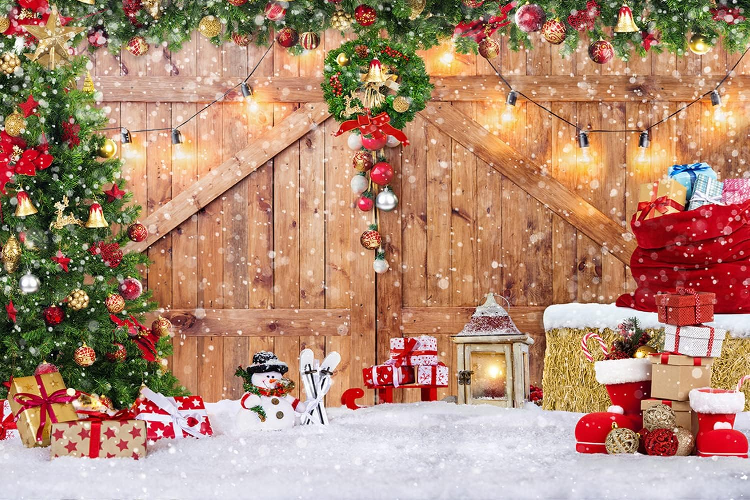 SJOLOON Rustic Christmas Barn Wood Door Backdrop for Photography Xmas Tree Snow Gift Wall Floor Party Photo Background Winter Holiday Family Supplies Banner Decoration Studio Props 12391 (12X10Ft) image number 6