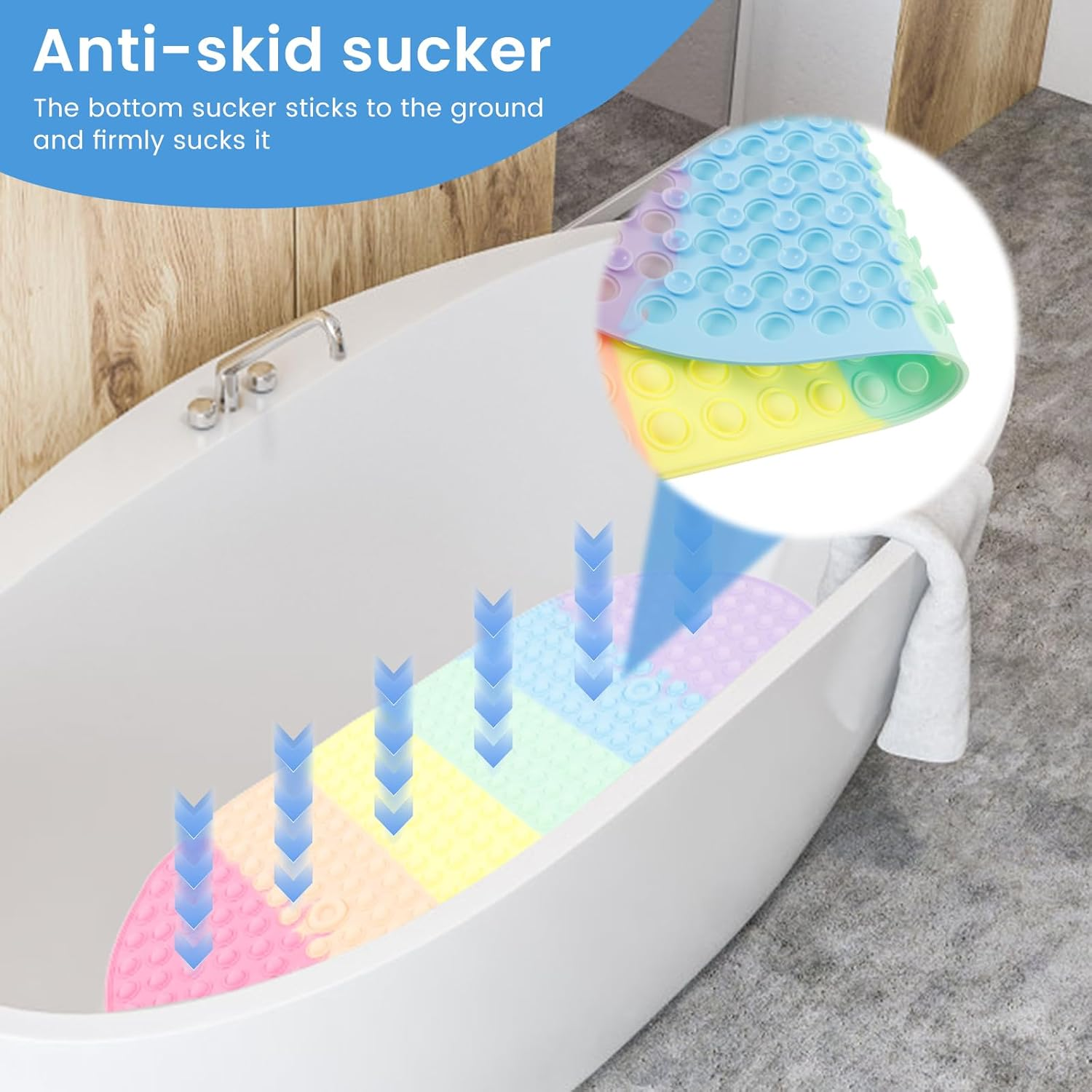 Baby Bath Mat for Tub Kids Non Slip 27"X15" Colourful Bathtub Mats with Push Bubbles & Suction Cups for Bathroom Shower Room (Colorful, 1Pc) image number 4