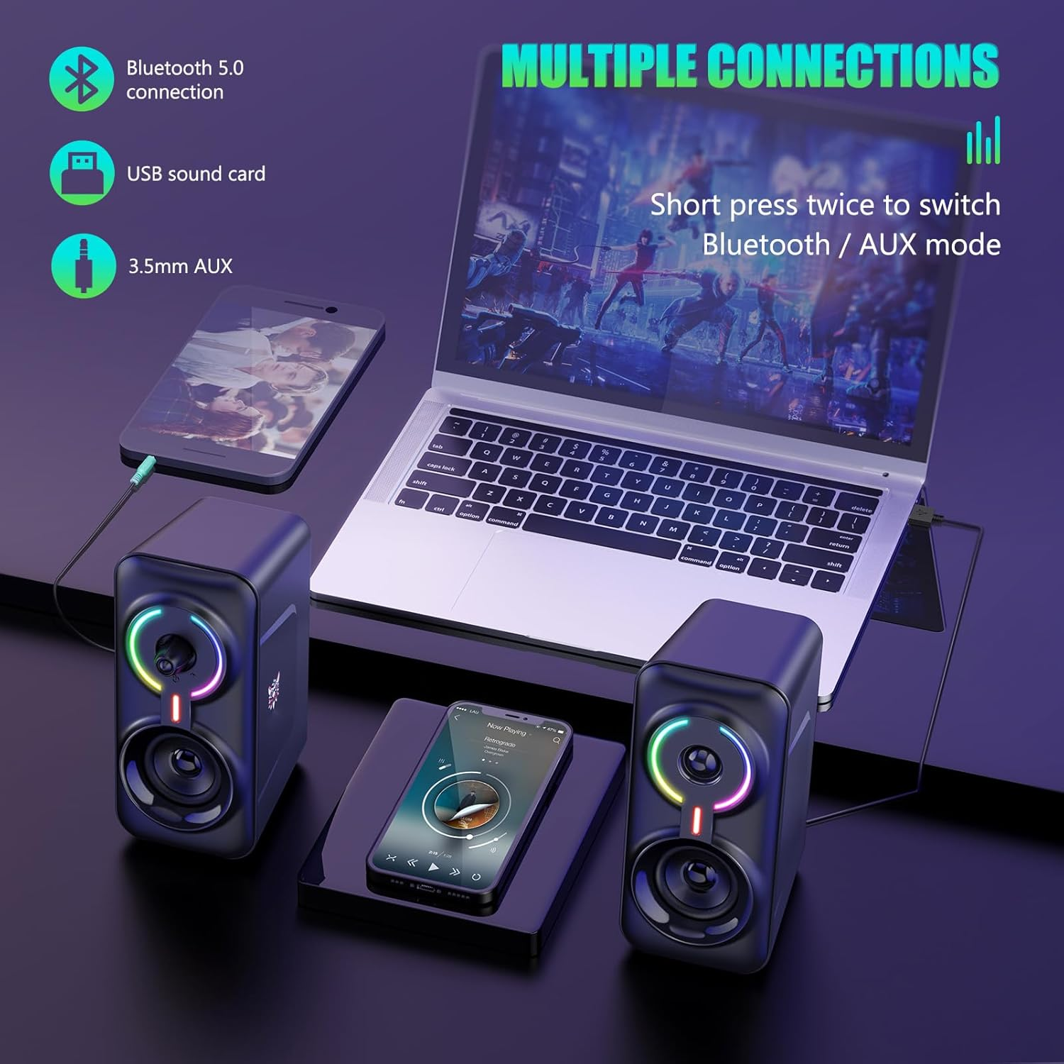 Bluetooth Computer Speakers, RGB Gaming Speakers with 6 Color Backlit, 2.0 CH Stereo Subwoofer, USB Powered Speakers for Pcs, Desktop, Laptop, Monitor, Mac, Phone image number 4