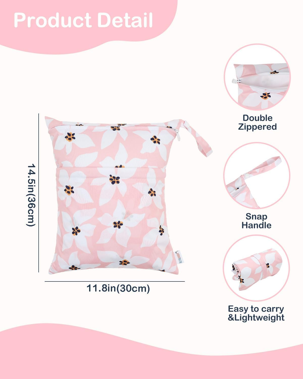 ALVABABY 3 Cloth Diaper Wet Dry Bags Waterproof Reusable with Two Zippered Pockets Travel Beach Pool Daycare Soiled Baby Items Yoga Gym Bag for Swimsuits or Wet Clothes Small Medium Large 3L-ZM26 image number 2