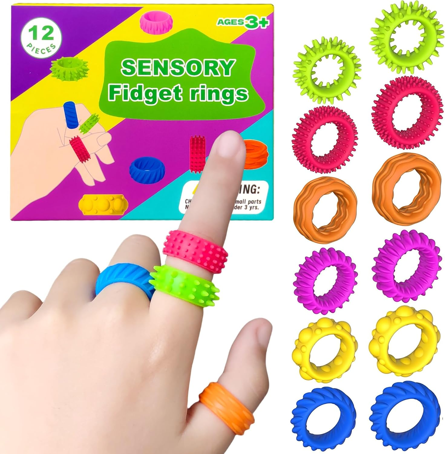 12 Pcs Fidget Toys Kids Sensory Rings - Calming down Spinner Rings for Kids, Anxiety Relief Toy, Fidgets for Classroom Prizes, Stocking Stuffers, Squish Sensory Toys for Autism, Fidgets School Office image number 3