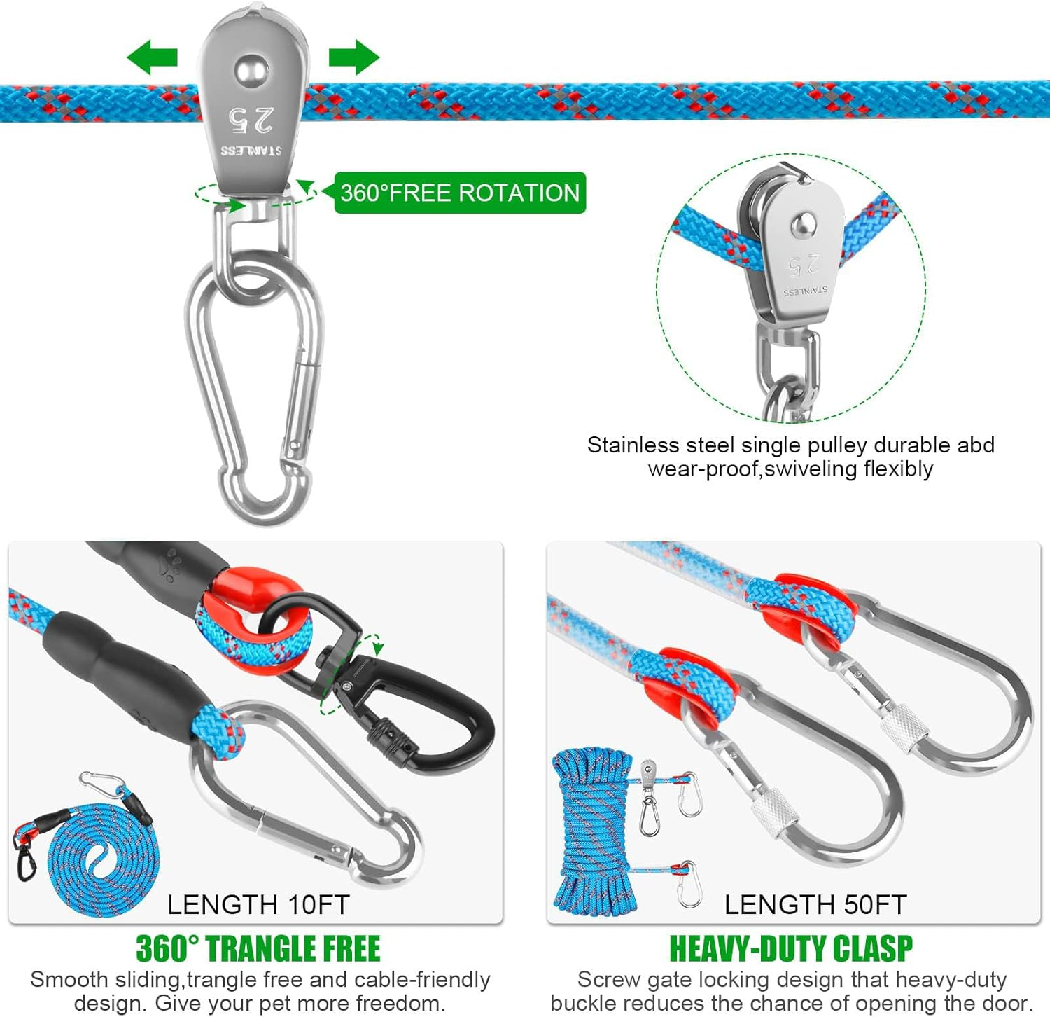 Dog Camping Essentials,Tie Out Cable for Camping,50Ft Portable Trolley System with 10Ft Runner Lead for Dogs up to 200Lbs，Portable Reflective Dog Lead Line for Yard, Park and Outdoor (Blue) image number 2