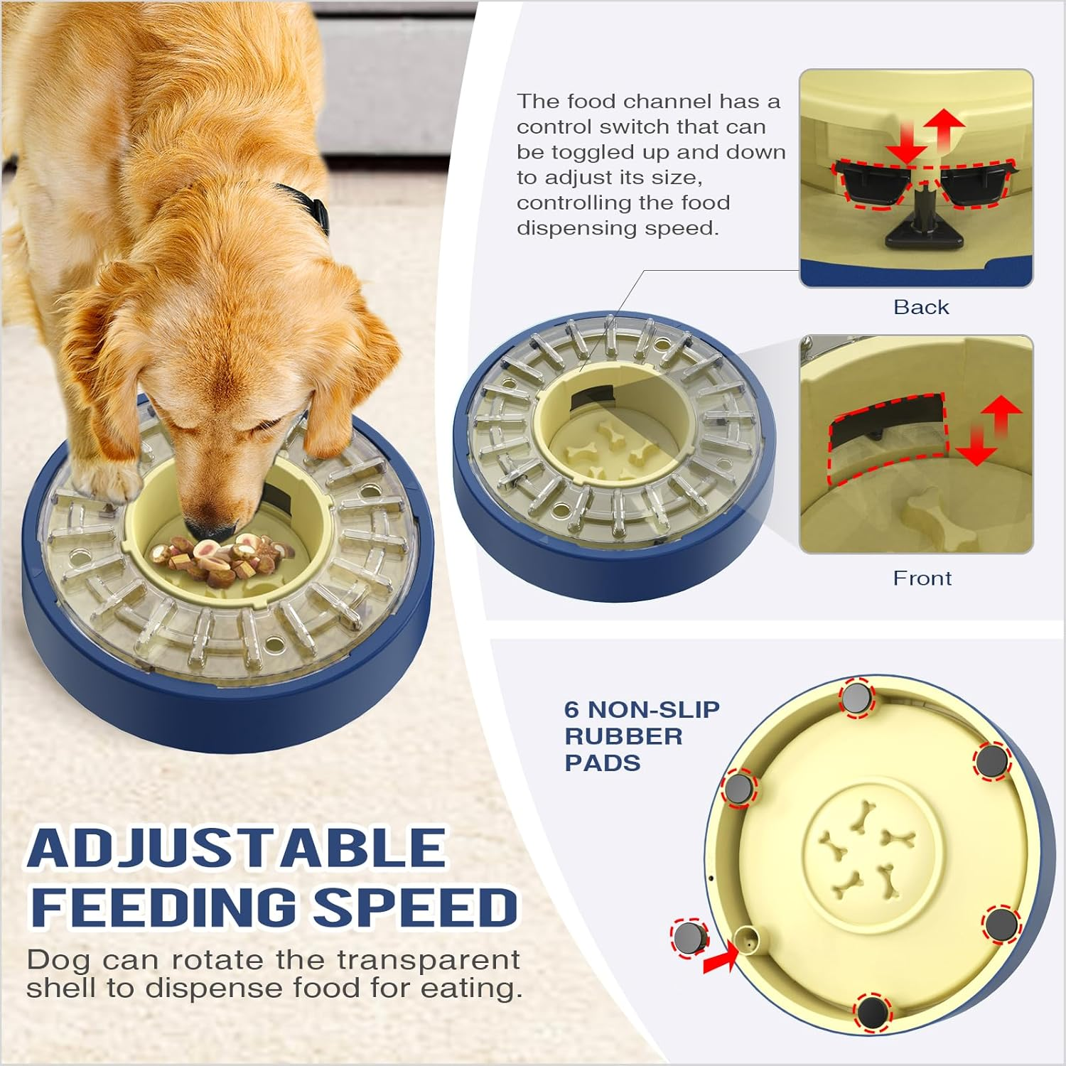 KADTC Dog Spinning Puzzle Feeder Food Slow Bowl for All Dog Breeds Adjustable Feeding Time from 5 to 60 Min Capacity 500G Puppy Treat Dispenser Toy Kibble Dispensing Toys Healthy Eating