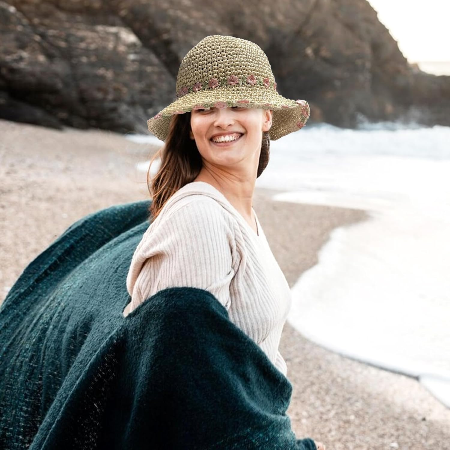 Cosiesnest Straw Hat Women'S Sun Hat Breathable Summer Hat Women'S Straw Hat Summer with Embroidered Flower Sun Hats Foldable Suitable for Hiking Camping Tourism