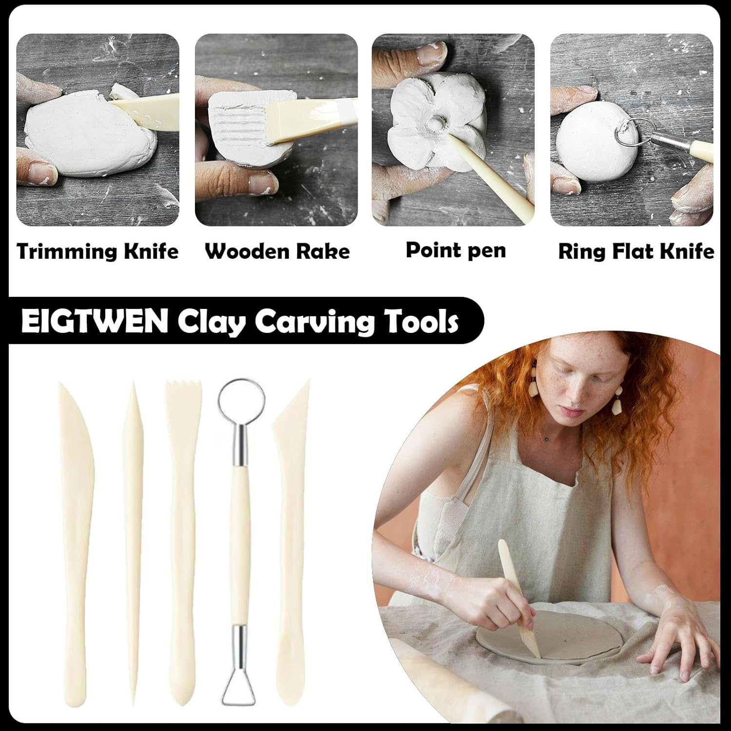 EIGTWEN 100Ml Air Dry Clay Glaze and 29Pcs Clay Tools Kit, Gloss Clay Varnish Protects Clay from Surface Wear, Pottery Tools Can Be Used for Stippling, Carving, Molding, and Shaping Clay Crafts(Gloss) image number 5