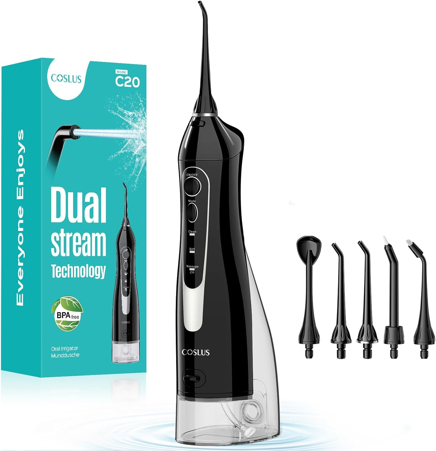 COSLUS Professional Cordless Water Flosser for Teeth, Braces, Gums Care - Daily Deep Cleaning, Rechargeable, Portable for Travel, Waterproof, 300Ml, Bpa-Free, Black, C20