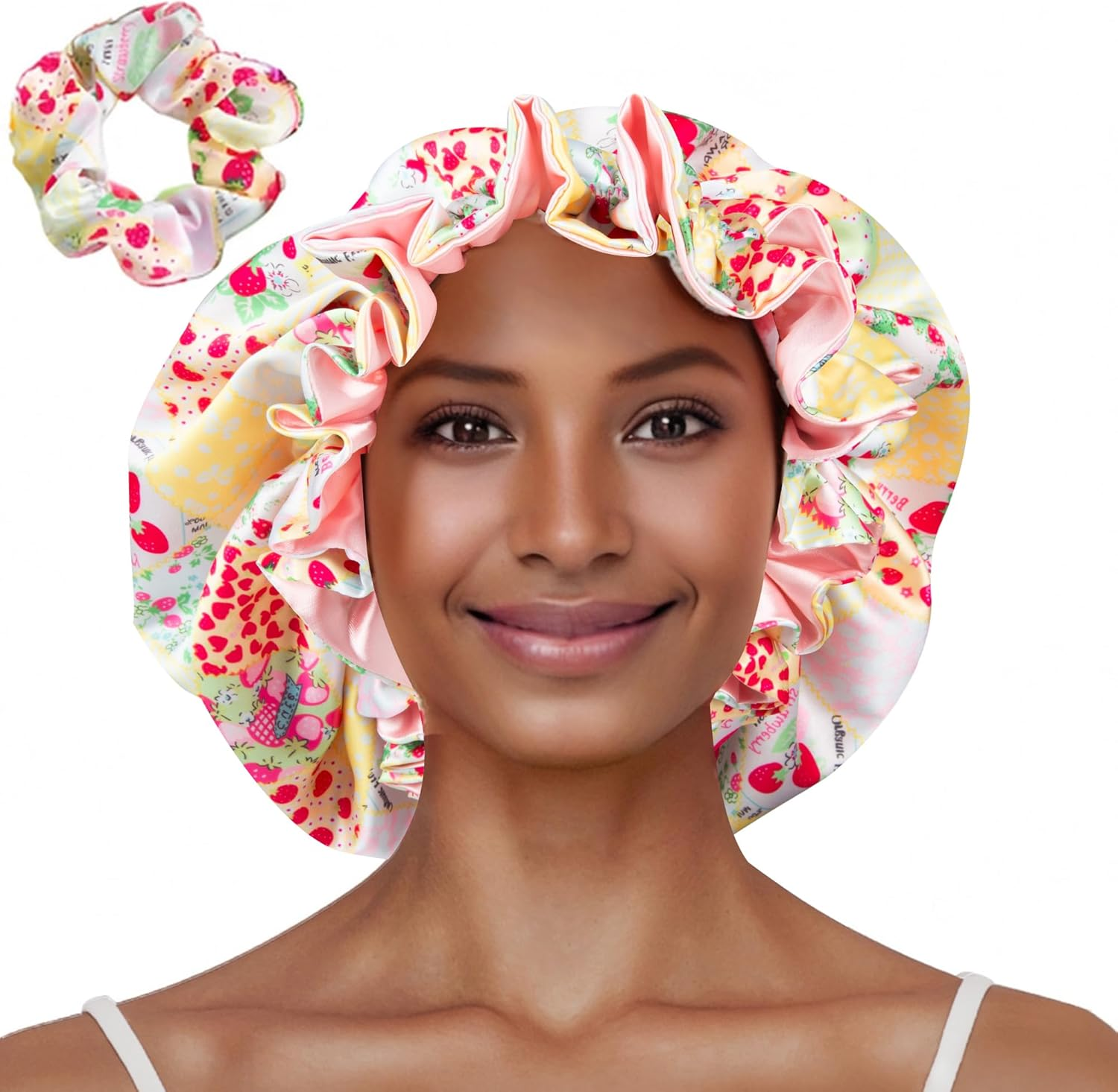 Vettres Floral Satin Bonnet with Scrunchie Set,Double Layer Ruffle Reusable Sleeping Shower Cap for Curly Hair Yellow-Strawberries image number 6