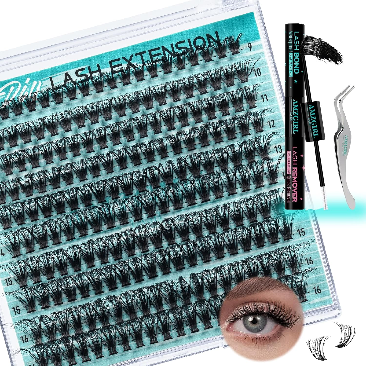 Lash Clusters Kit 200Pcs, Eyelash Extension Kit 80D D Curl Diy Cluster Eyelashes Extensions Lashes Bond and Remover Waterproof Lash Applicator Tools for 9-16Mm Mix Lashes Individual Eyelashes Kit