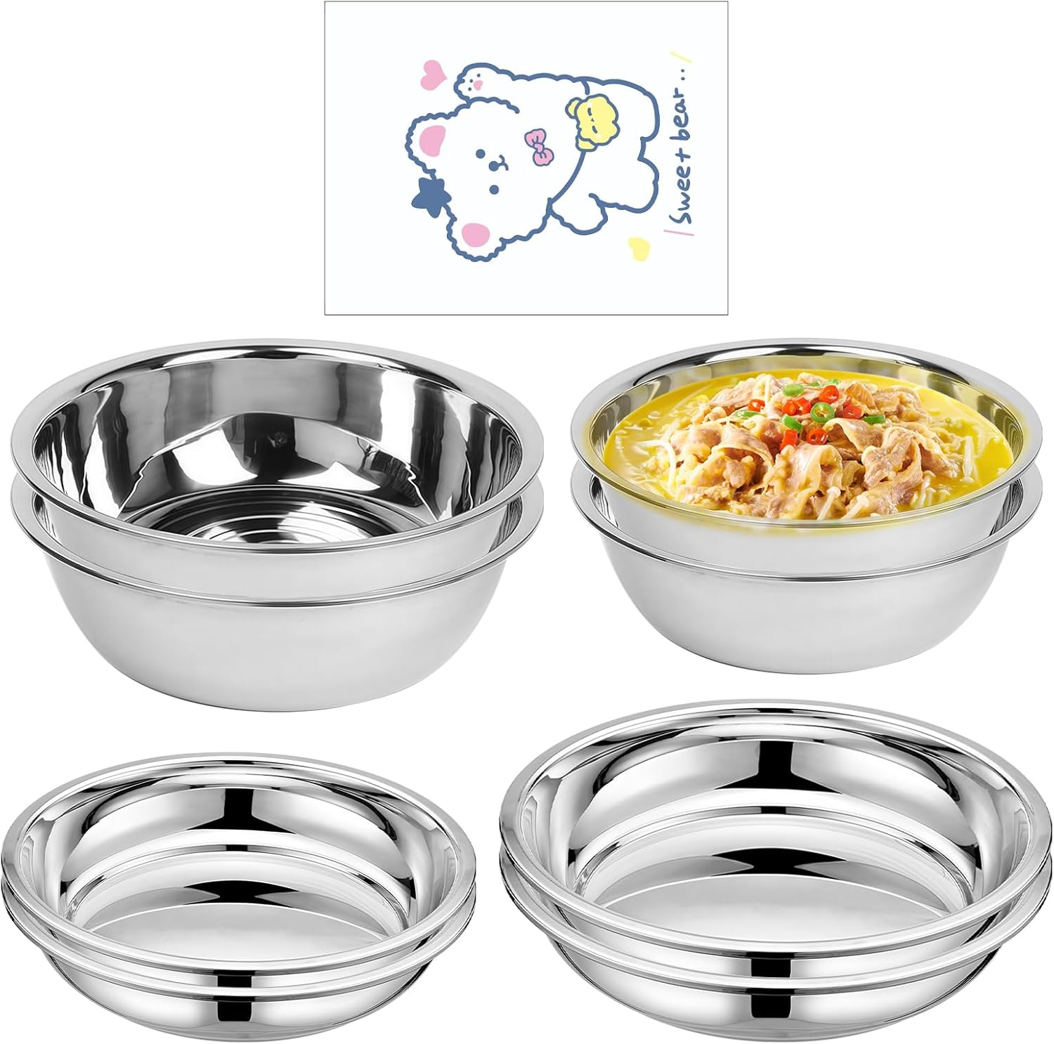 8 Pieces Stainless Steel Plates, Bowls, Stainless Steel round Tableware, Camping Set, 8-Piece Set, Stainless Steel Plates & Bowls for Camping, Picnic, Hiking, Kitchen, Party image number 4