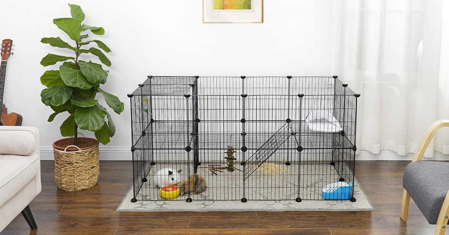 SONGMICS 2-Floor Metal Pet Playpen, 36 Grid Panels, Customisable Cage Enclosure for Small Animals, Guinea Pigs Hamster Runs, Rabbit Hutches, Includes Mallet, Indoor Use, 143 X 73 X 71 Cm, Black LPI02H image number 4