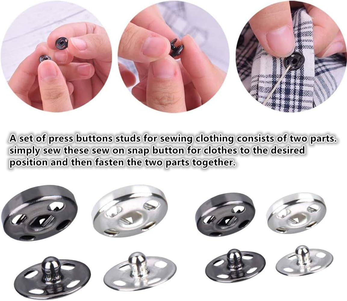 Snap Buttons,120 Sets Clothes Hidden Button, Sew-On Snap Buttons Metal Snaps Fasteners Press Studs Buttons for Clothes Sewing Craft, 8.5 Mm and 10 Mm（Black and Silver）