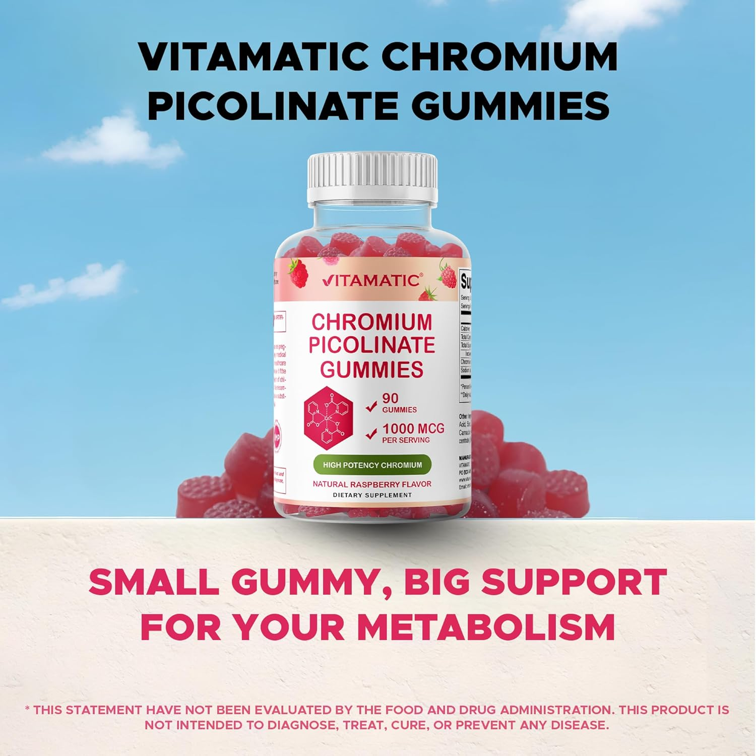 Vitamatic Chromium Picolinate 1000 Mcg - 90 Gummies - High Potency Chromium - Raspberry Flavor image number 5