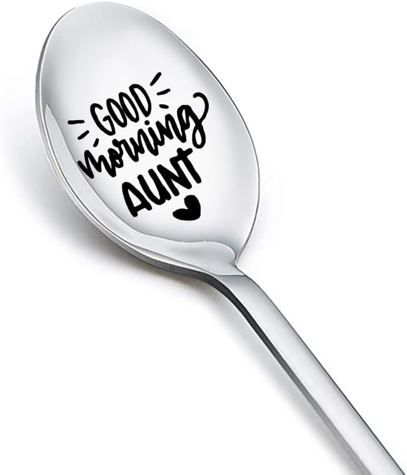 Good Morning Aunt Spoon for Women Aunt Auntie Mothers Day Gifts from Nephew Niece New Future Aunt Birthday Gifts for Auntie Aunty Tea Coffee Spoons for Her Ice-Cream Lovers Aunt Engraved Spoon