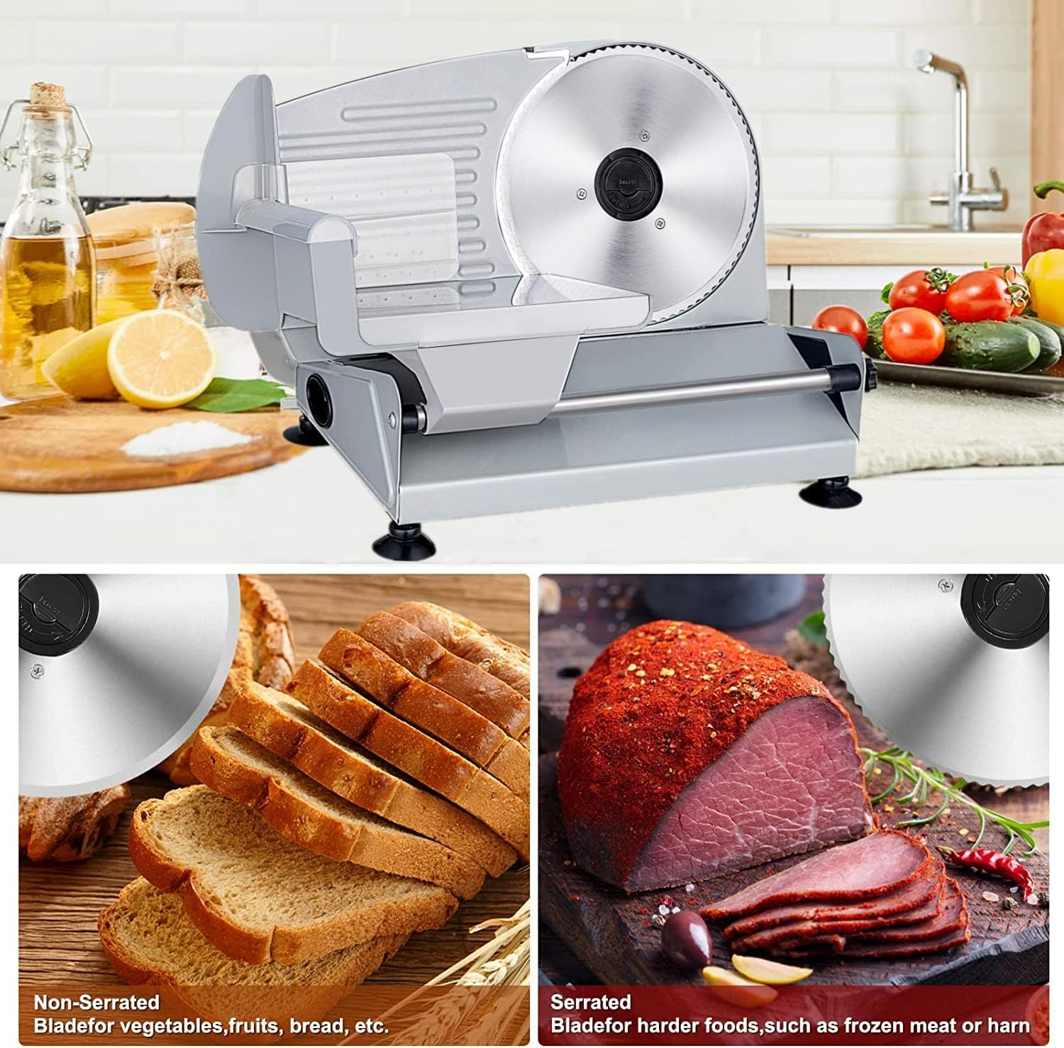 Adando Electric Meat Slicer Machine: Deli Meat Slicer Food Processors with 3 Stainless Steel Blades - Adjustable Thickness Easy Clean - Meat Chopper for Kitchen/Commercial Use - for Meat Cheese Bread image number 1