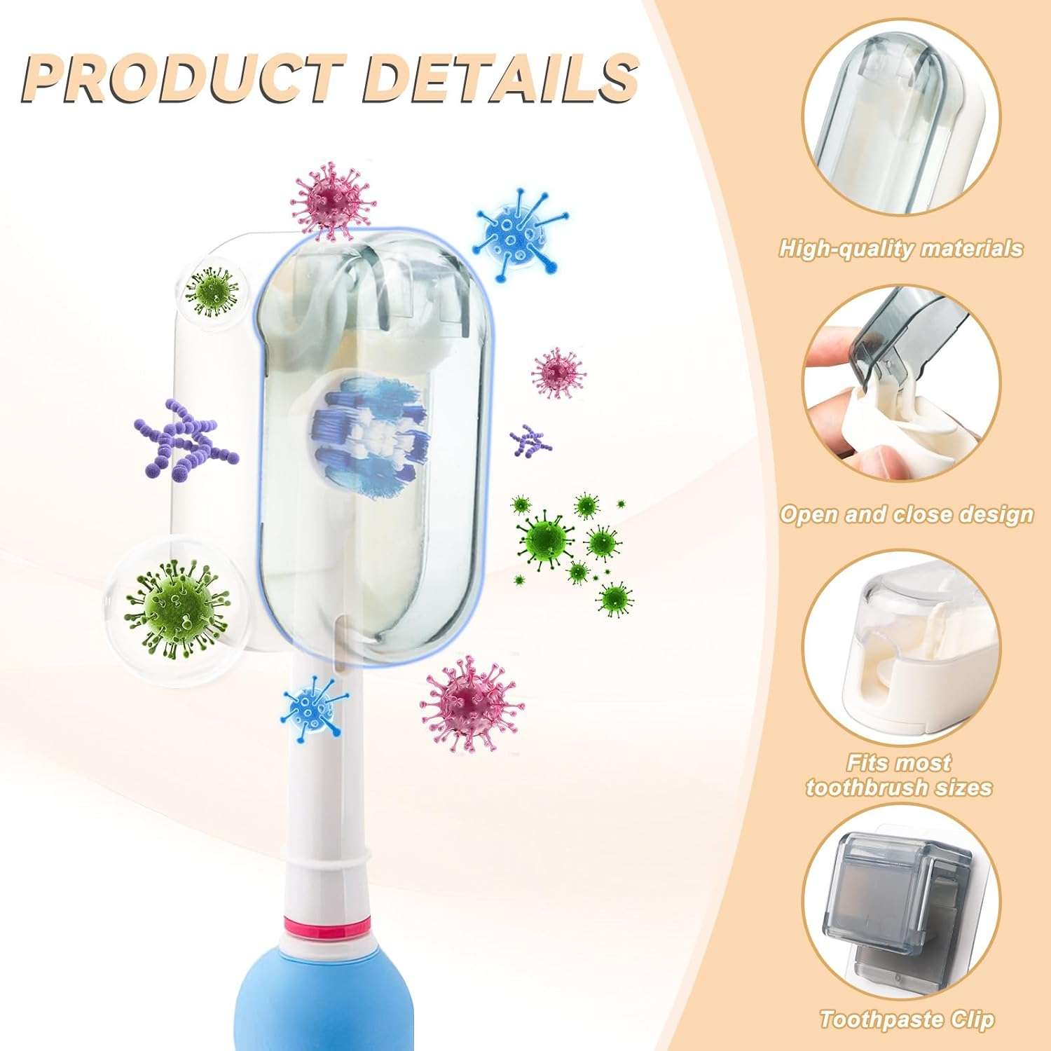 4 Pack Toothbrush Holders with Cover, Portable Travel Toothbrush Head Caps, Wall Mounted Tooth Brush Case, Toothbrush Storage Organizer for Shower (White, Gray)