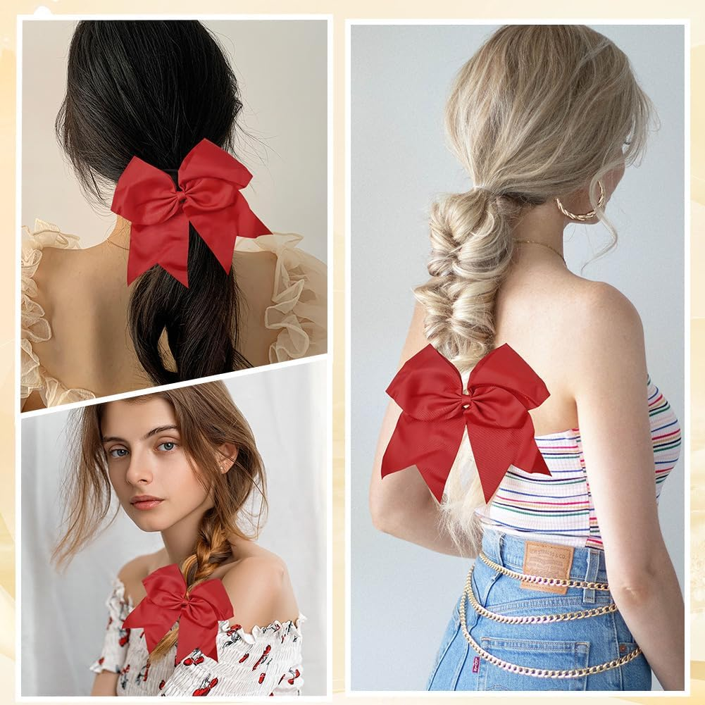 SUNNYCLUE 1 Box 2Pcs 7" Red Cheer Hair Bow Bowknot Ponytail Holder Large Conquette Cheerleading Big Elastic Band Ribbon Bowtie Hair Bows for Women Softball Football Sports College Competition Supplies image number 6