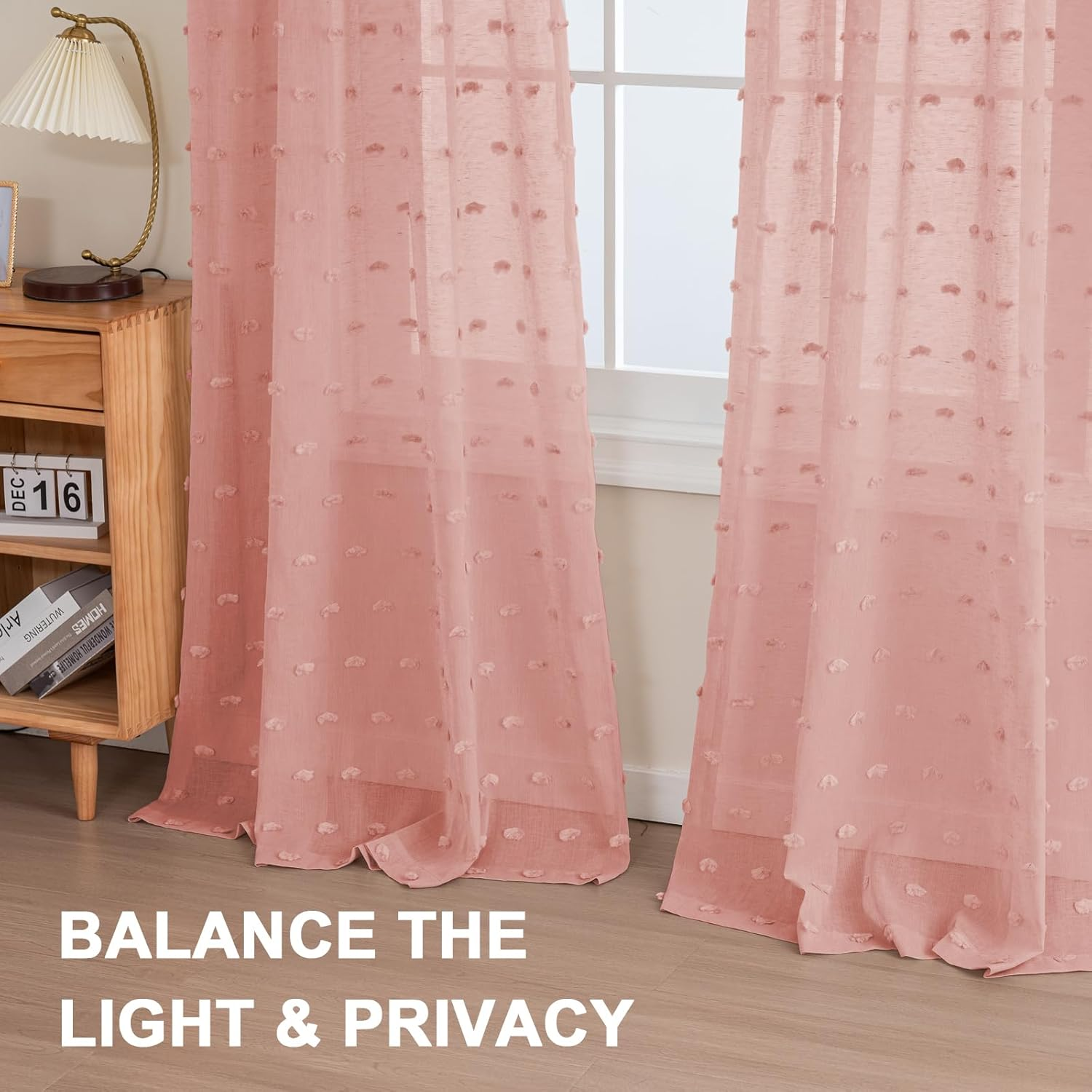 Smarcute Pom Pom Linen Textured Sheer Curtains for Bedroom Light Filtering Semi Sheer Rod Pocket Curtain & Drapes for Living Room, Nursery Room, Set of 2 Panels, (Coral Pink, 132 X 160 Cm) image number 5