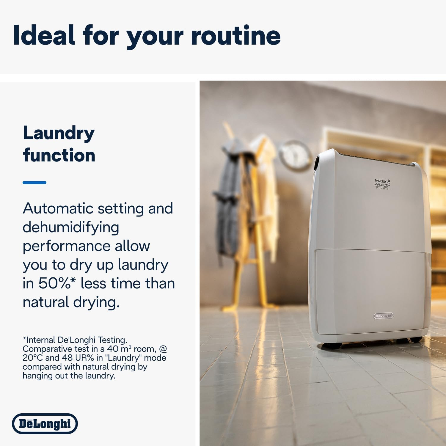 De'Longhi Tasciugo Ariadry Pure 21L Dehumidifier DDSX220WF, 2 in 1 Dehumidifier and Air Purifier for Moisture Control, Wi-Fi Connectivity, Laundry Function, 4-Action Filtration System, White image number 3