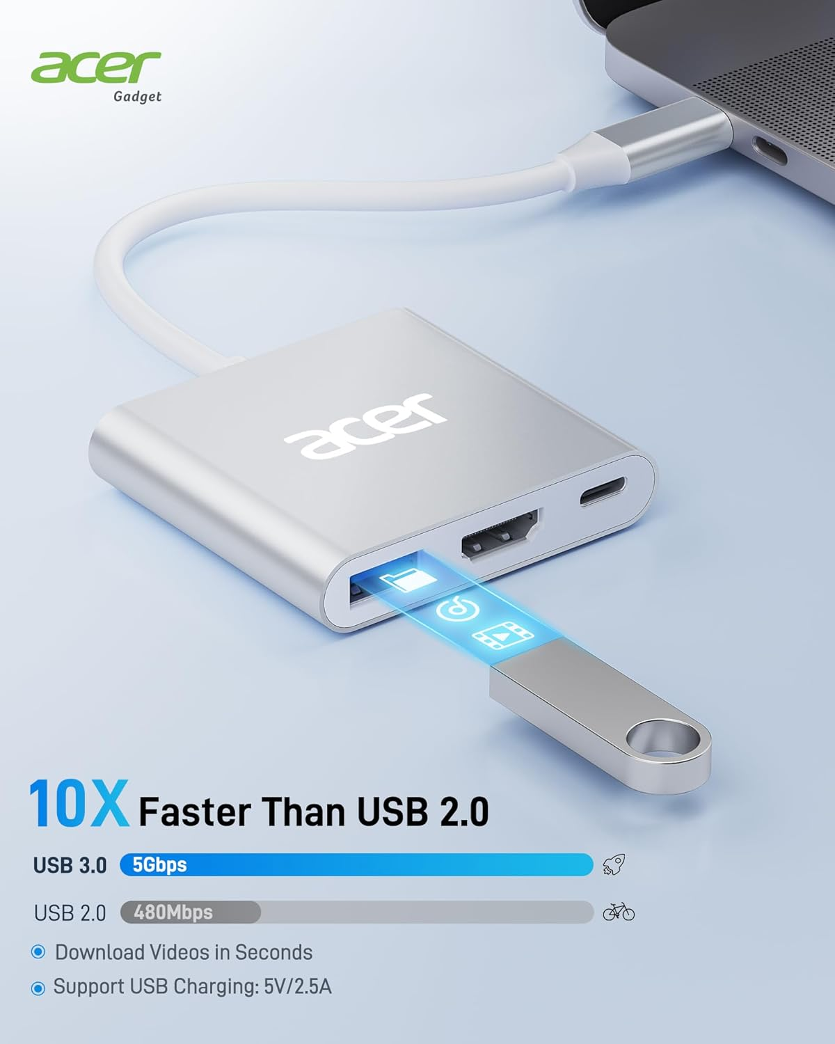 Acer USB C Hub 3-In-1 Adapter 4K HDMI Output USB 3.0 Port & 100W PD Charging Port, USB C Hub Compatible for Macbook Pro/Air, Ipad Pro/Air, Imac, Dell XPS, Steam Deck and More Type-C Devices - 03Grey image number 2