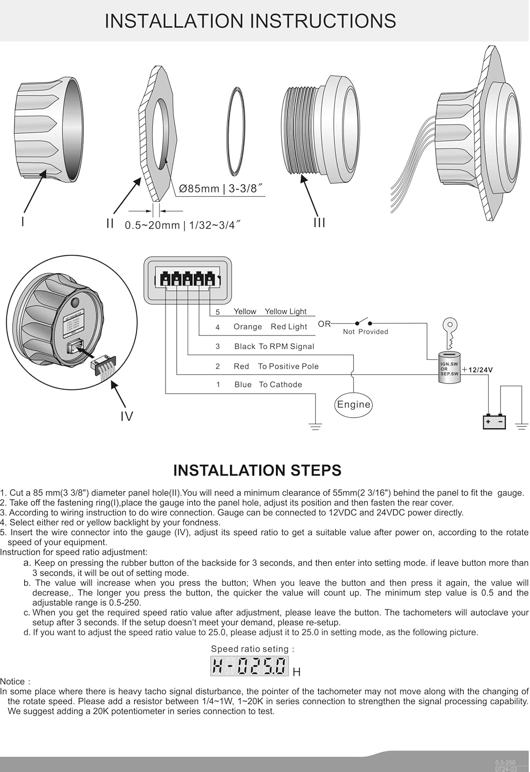 KUS 85Mm Digital Tachometer 0-8000RPM Tacho Meter Gauge 12V/24V with Backlight Marine Outboard Diesel Engine (White+Stainless Steel) image number 1