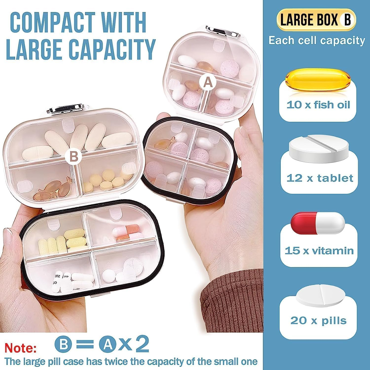2 Pcs Weekly Pill Organizer, Portable Pill Box, 7 Day Pill Box, Mini Pill Box, Medication Container, Medication Planner, Pill Dispenser for Vitamins/Pills/Supplements