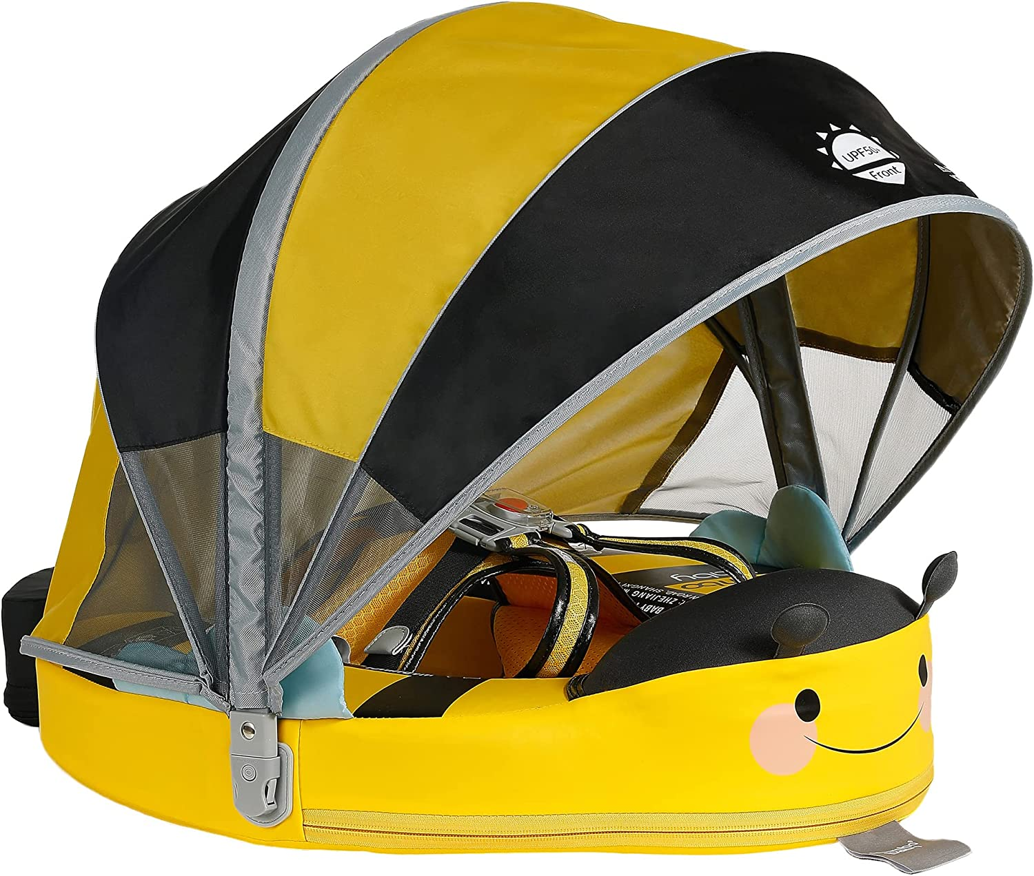 Baby Swim Float with Canopy Solid Pool Infant Swim Trainer Swimming Training Lying Air Free Water Floats Non-Inflatable Waist Swim Ring for Toddlers