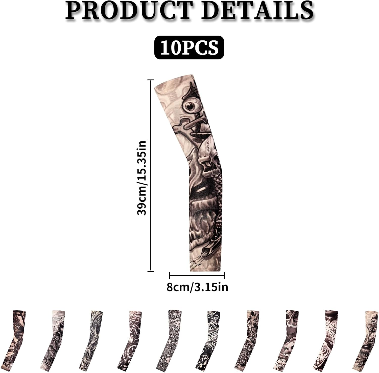 10 Pcs Fake Tattoos Sleeves for Men,Art Arm Fake Tattoo Sleeves Cover for Men/Women, Nylon Elastic Arm Temporary Tattoos Halloween Carnival Festivals Tattoo Hip Hop Accessories Sun Block Sleeves, image number 2