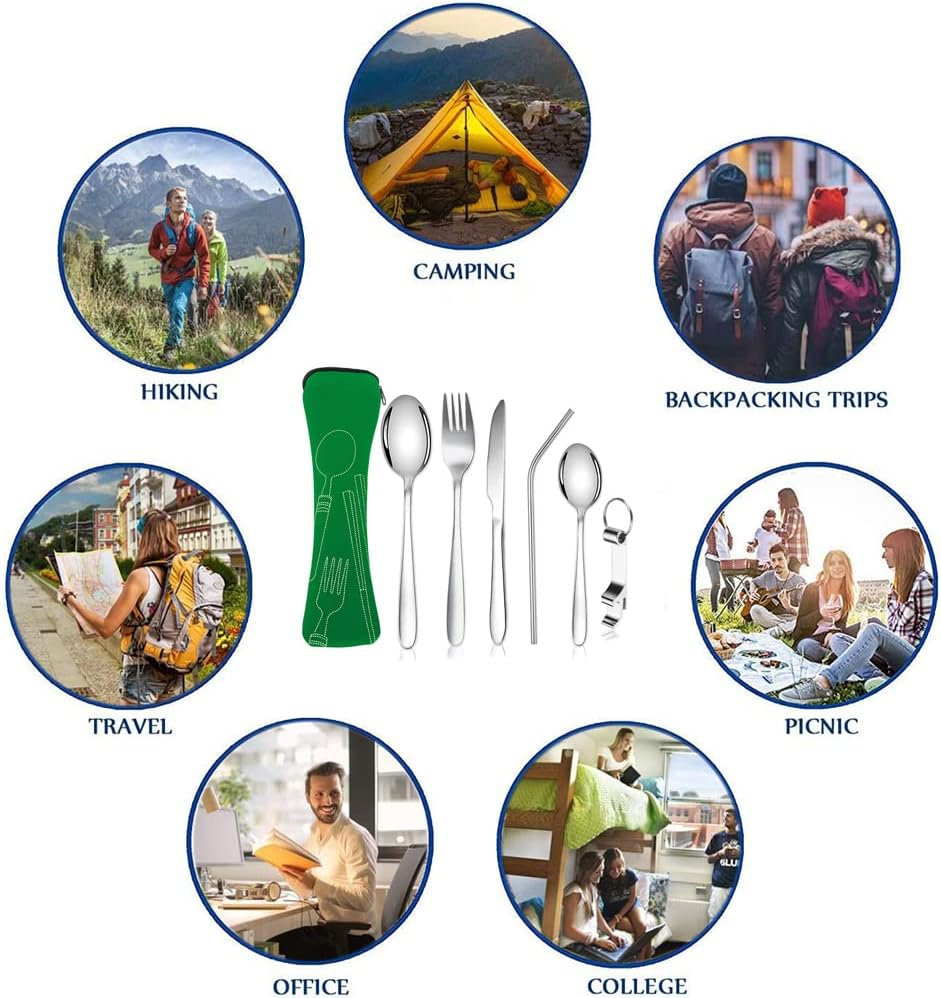 6-Piece Portable Camping Cutlery Set, 304 Stainless Steel Cutlery Sets, Camping Cutlery with Knife, Fork, Spoon, Bottle Opener, Straws Cutlery Bag for Outdoor Travel Picnic Green - Gr&uuml;n image number 6