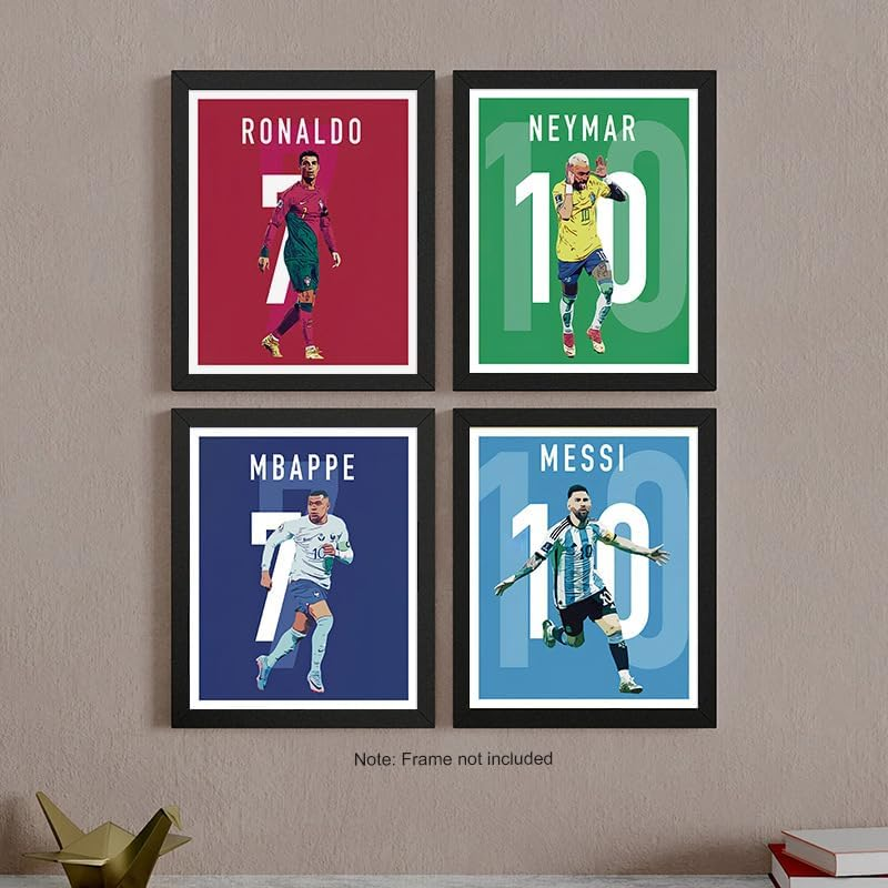 ZIENVE Soccer Canvas Poster Set &ndash; 6 Prints Featuring Messi, Ronaldo, Mbappe & Neymar &ndash; Football Superstars Sports Wall Art Decor for Boys&rsquo; Bedroom &ndash; 20X25Cm Unframed image number 4