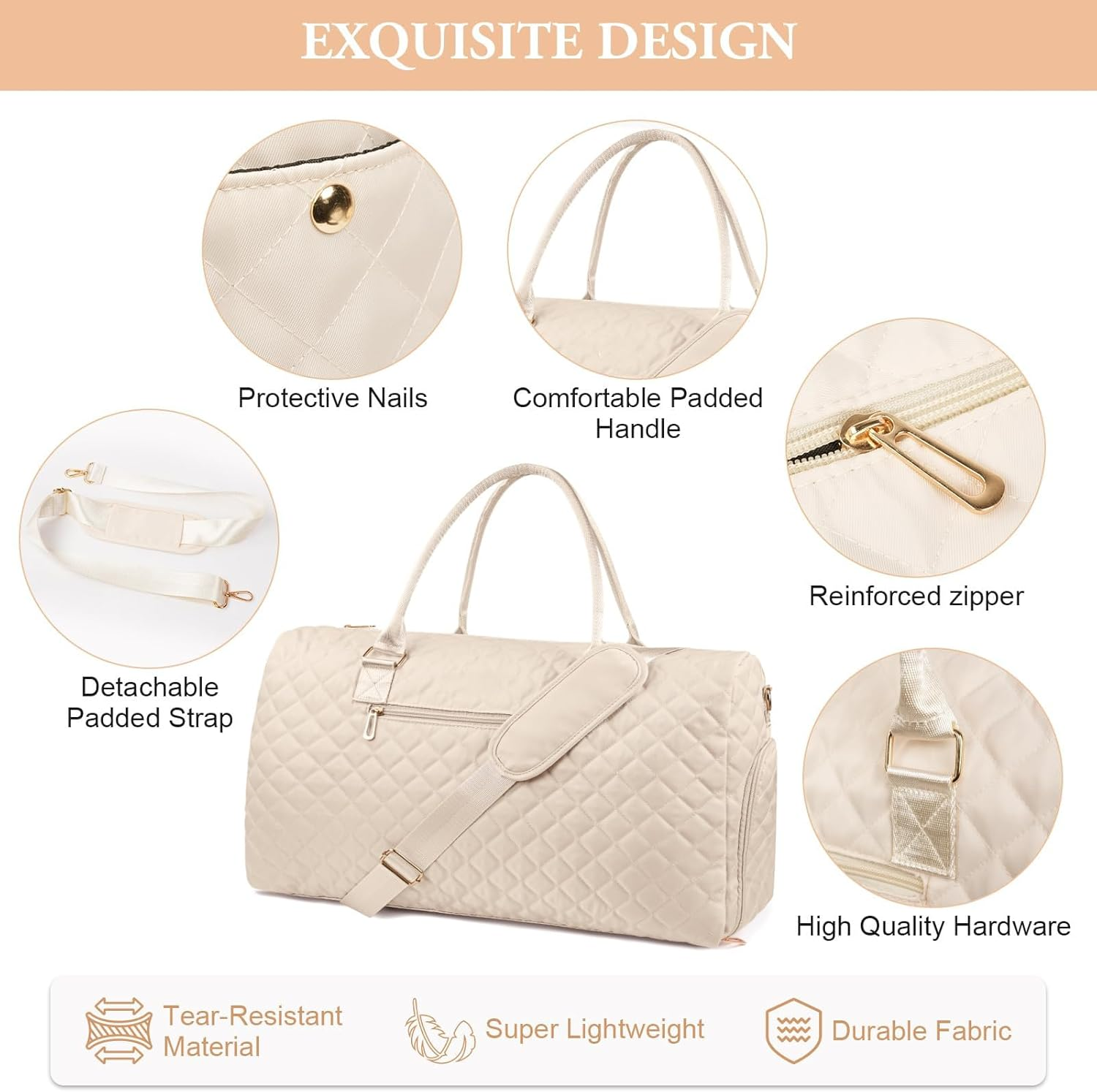 Epzia Women'S 50L Duffle Bag for Travel Gym & Sports - Weekender Carry on Bag with Shoe Compartment, Wet Pocket & Toiletry Bag | Hospital Overnight Bag for Labor Delivery, Travel Duffel Bags Beige image number 3